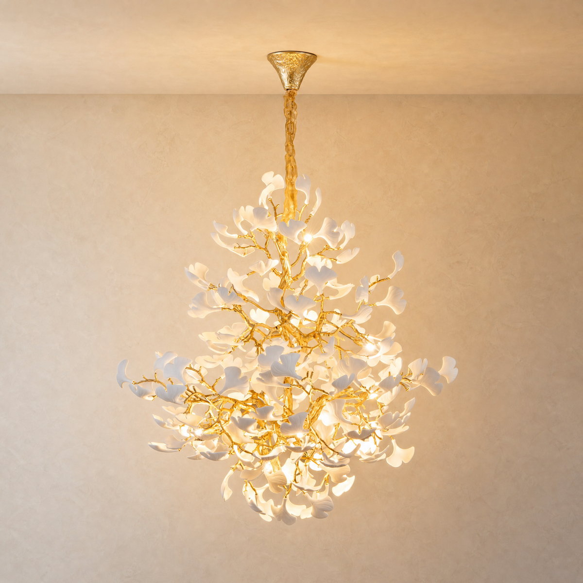 Moon Ring Ceramic Ginkgo Leaf Staircase Chandelier D1200 - Gold - illuminated