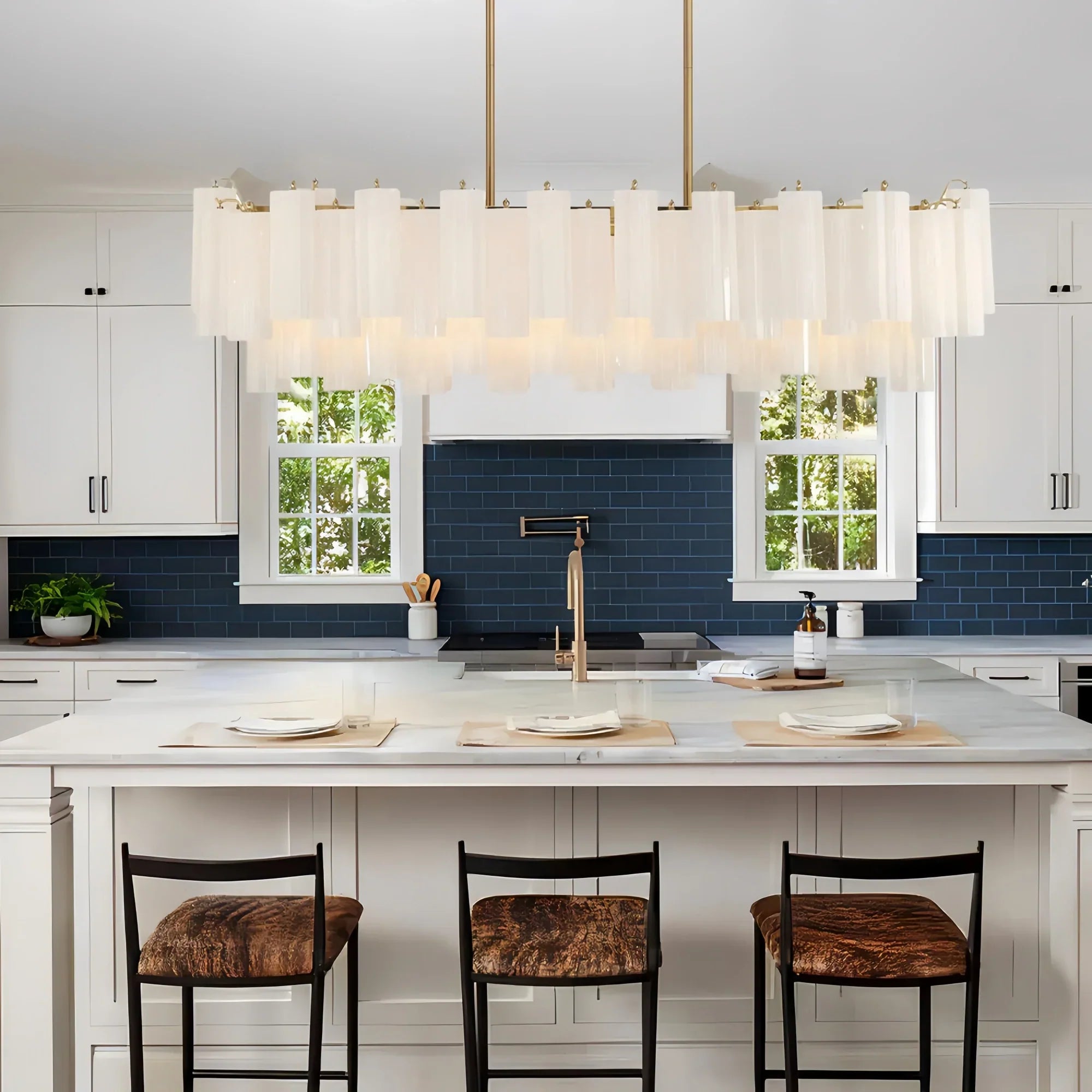 Addis 51'' Modern Linear Chandelier for Dining Room-Brass-White-