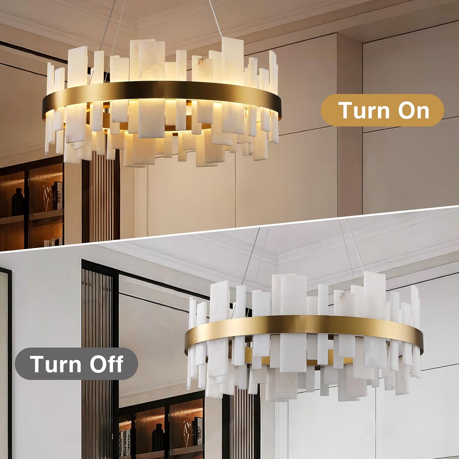 Adjustable Luxury Alabaster Round Chandelier – 31.5in Natural Stone - Gold - 31.5 inBlushlighting