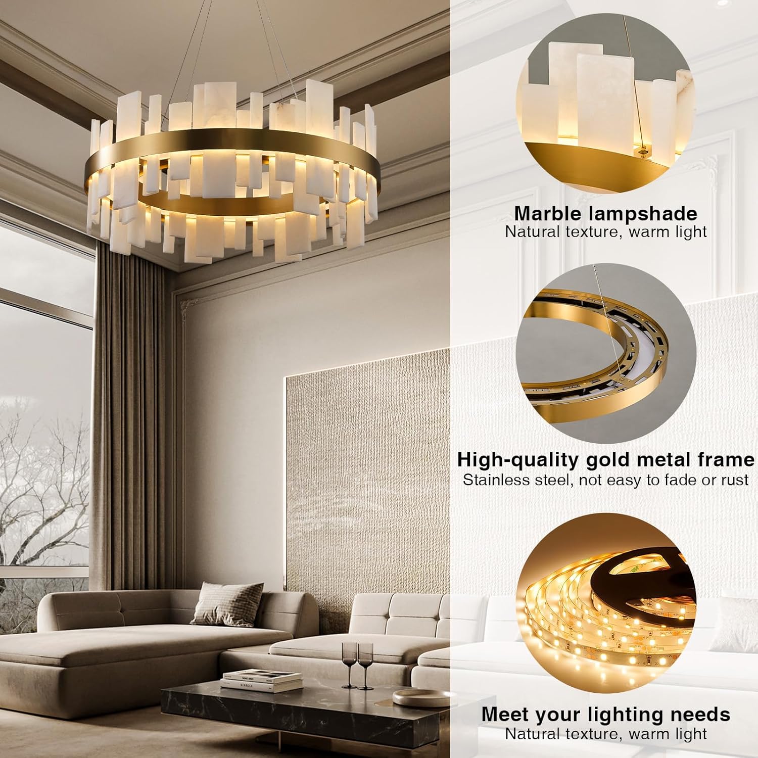 Adjustable Luxury Alabaster Round Chandelier – 31.5in Natural Stone - Gold - 31.5 inBlushlighting