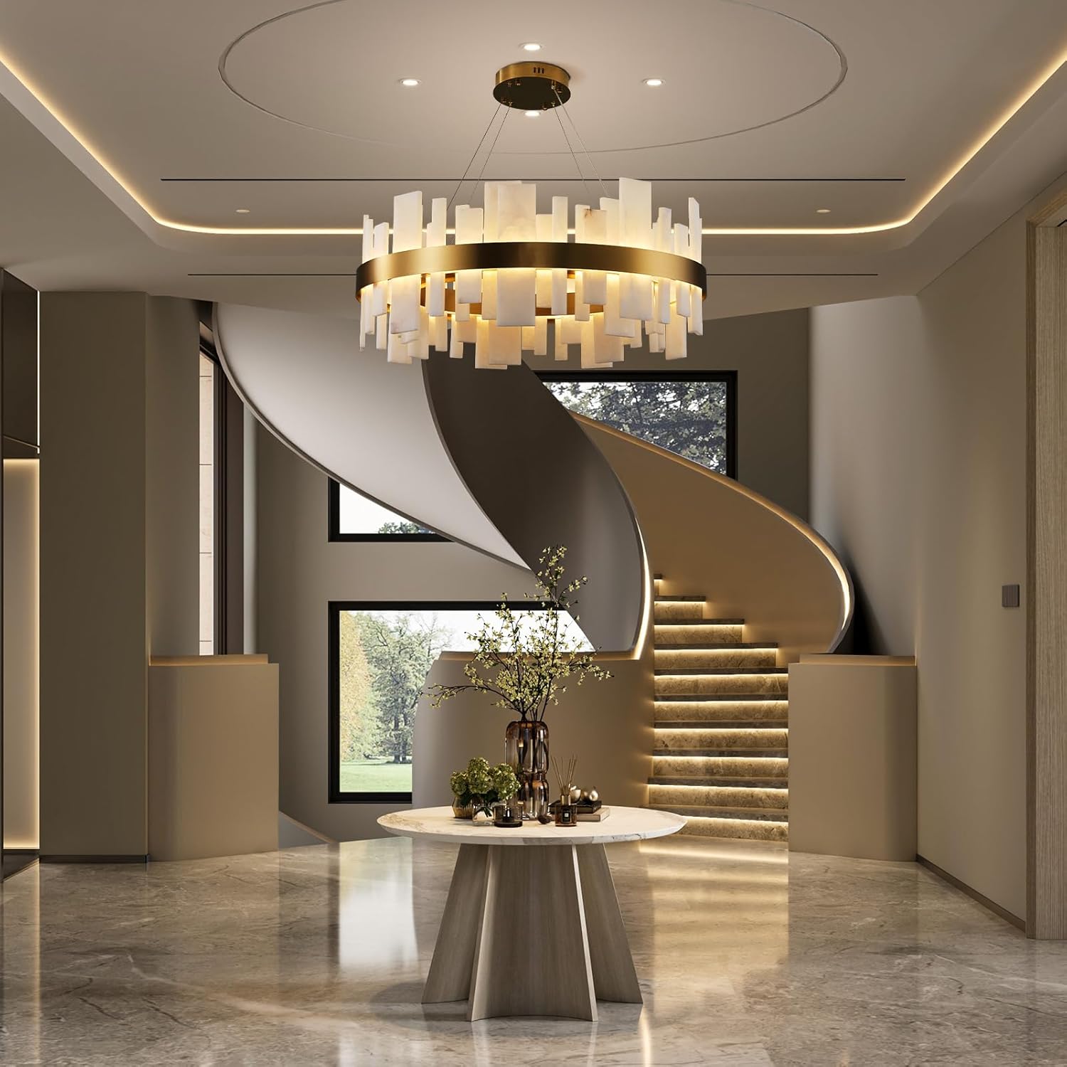 Adjustable Luxury Alabaster Round Chandelier – 31.5in Natural Stone - Gold - 31.5 inBlushlighting