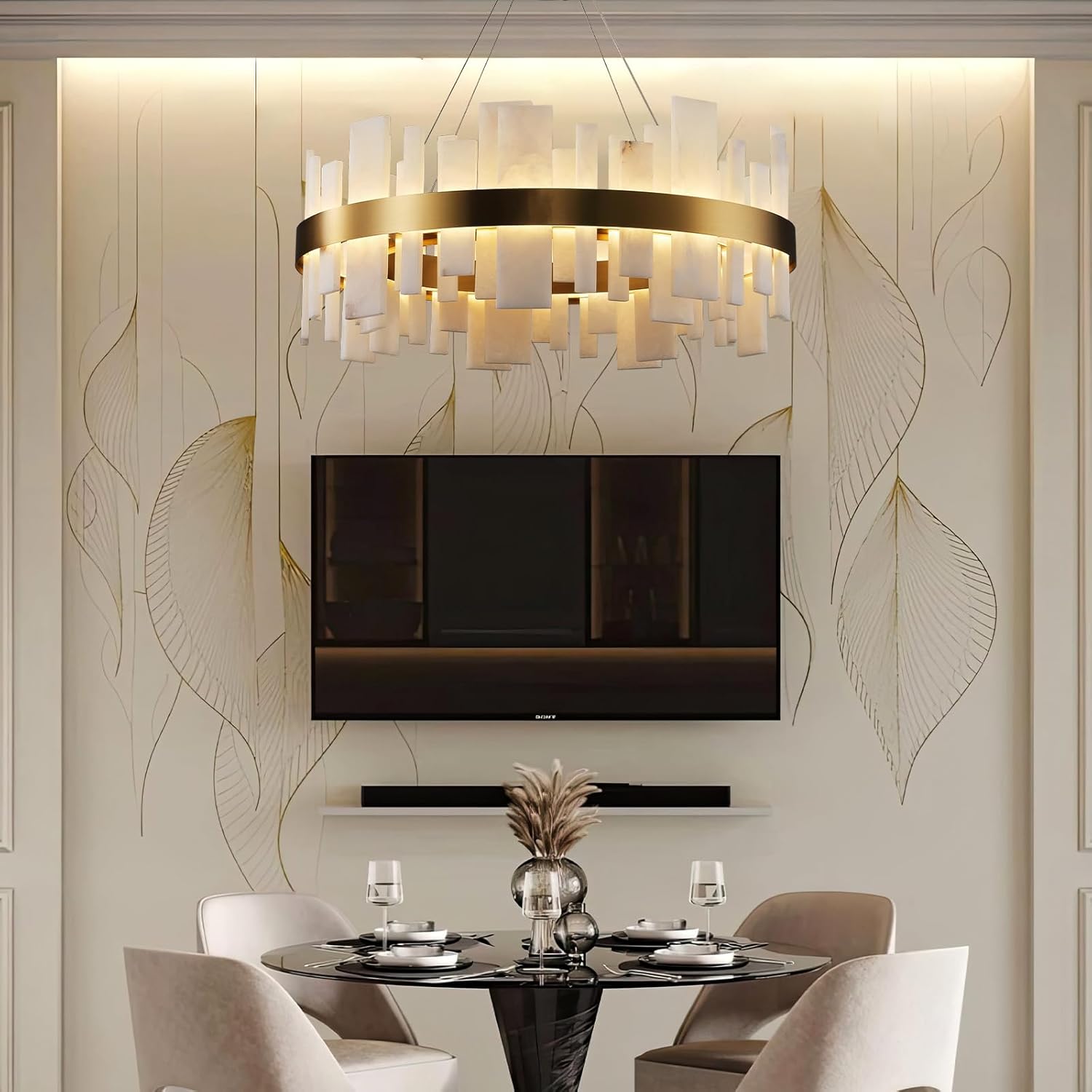 Adjustable Luxury Alabaster Round Chandelier – 31.5in Natural Stone - Gold - 31.5 inBlushlighting