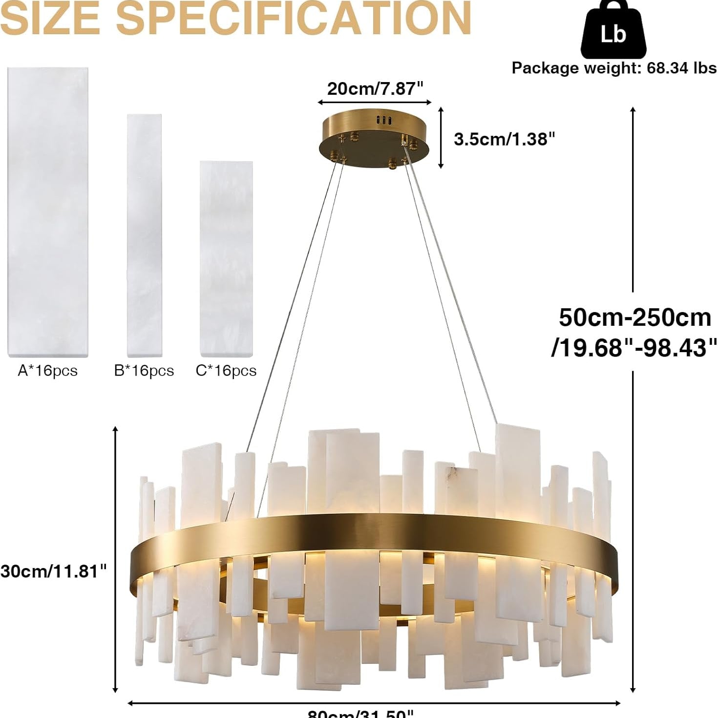 Adjustable Luxury Alabaster Round Chandelier – 31.5in Natural Stone