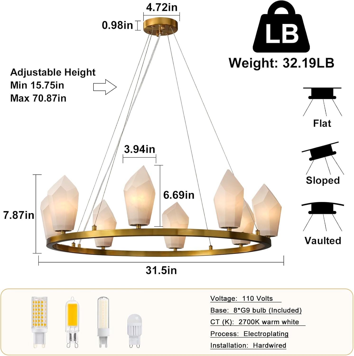 Alabaster 31.5" 8-Light Round Gold Chandelier with Adjustable Height