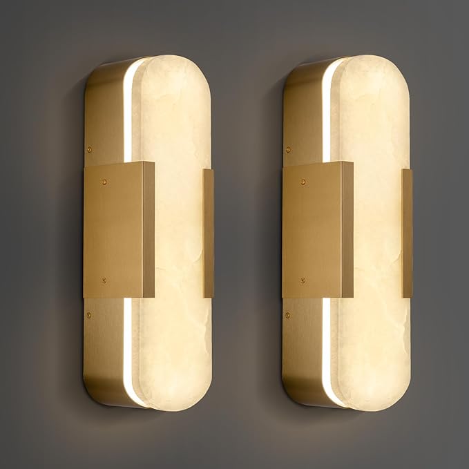 Alabaster Brass Wall Sconce Set of Two, 13.8‑inch