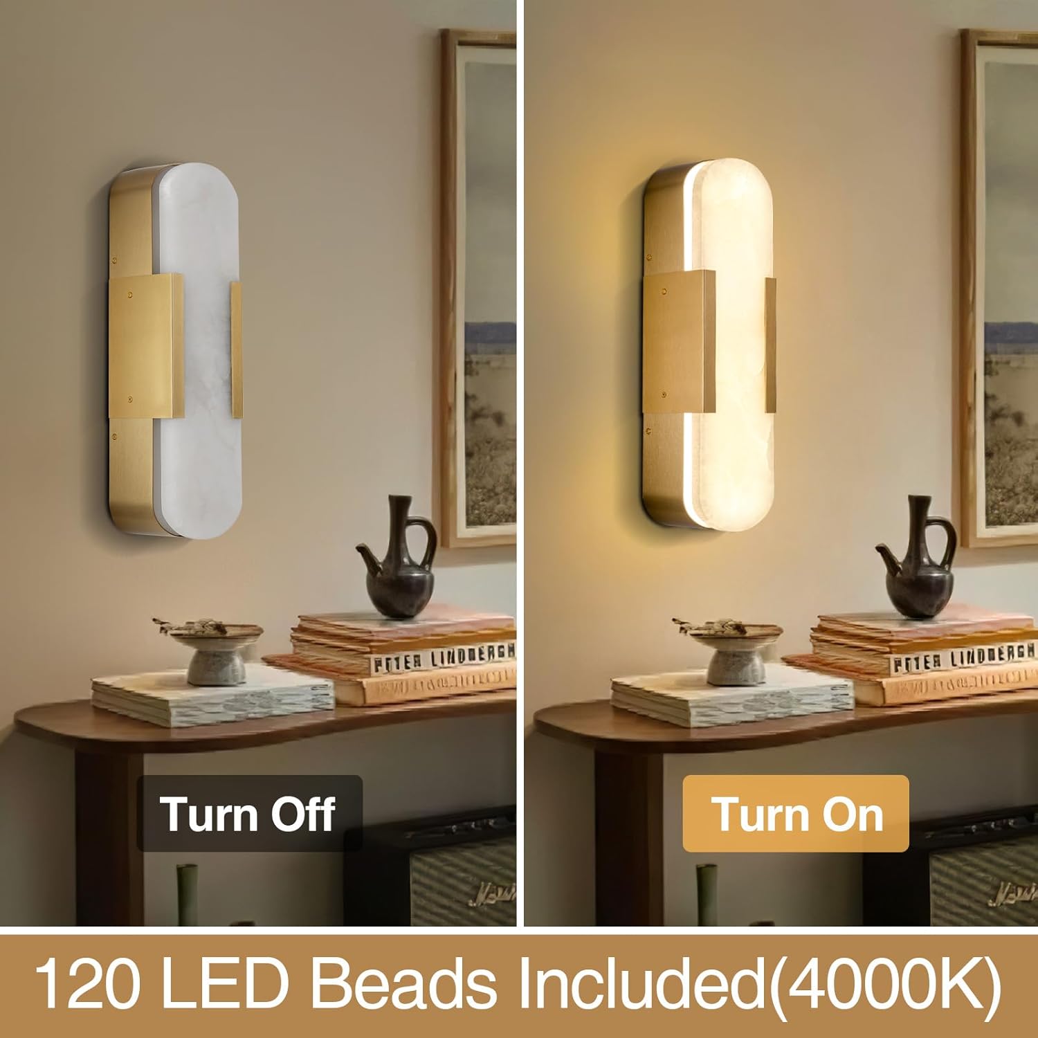 Alabaster Brass Wall Sconce Set of Two, 13.8‑inch