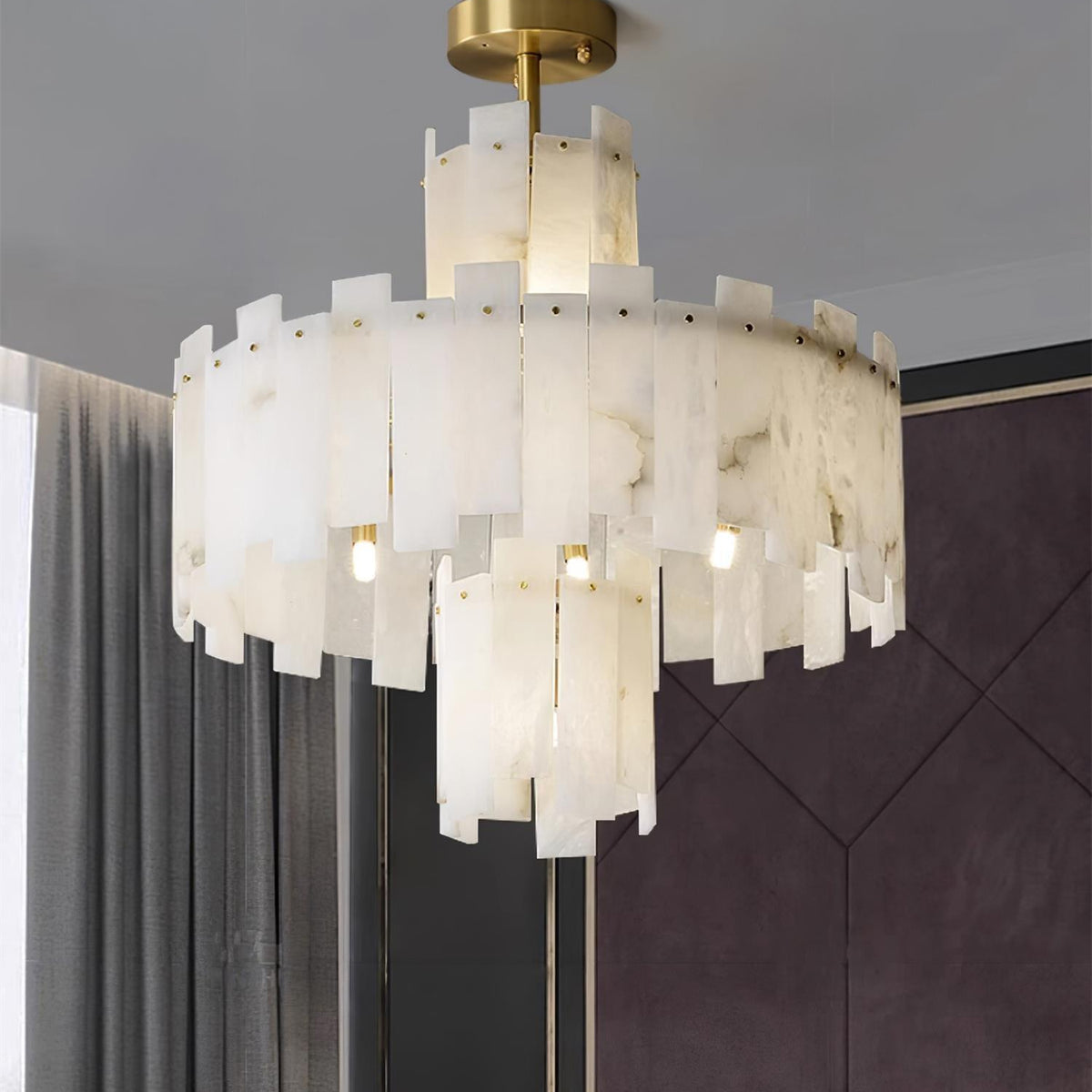 Alabaster Chandelier – Elegant Brass & White Alabaster Light Fixture - ∅ 23.6″ x H 26.7″Brass & White AlabasterBlushlighting