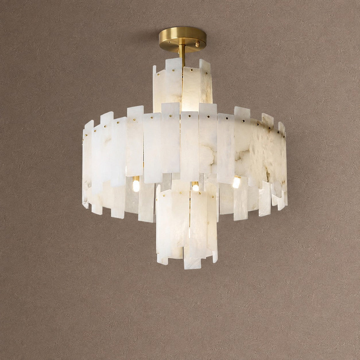 Alabaster Chandelier – Elegant Brass & White Alabaster Light Fixture - ∅ 23.6″ x H 26.7″Brass & White AlabasterBlushlighting
