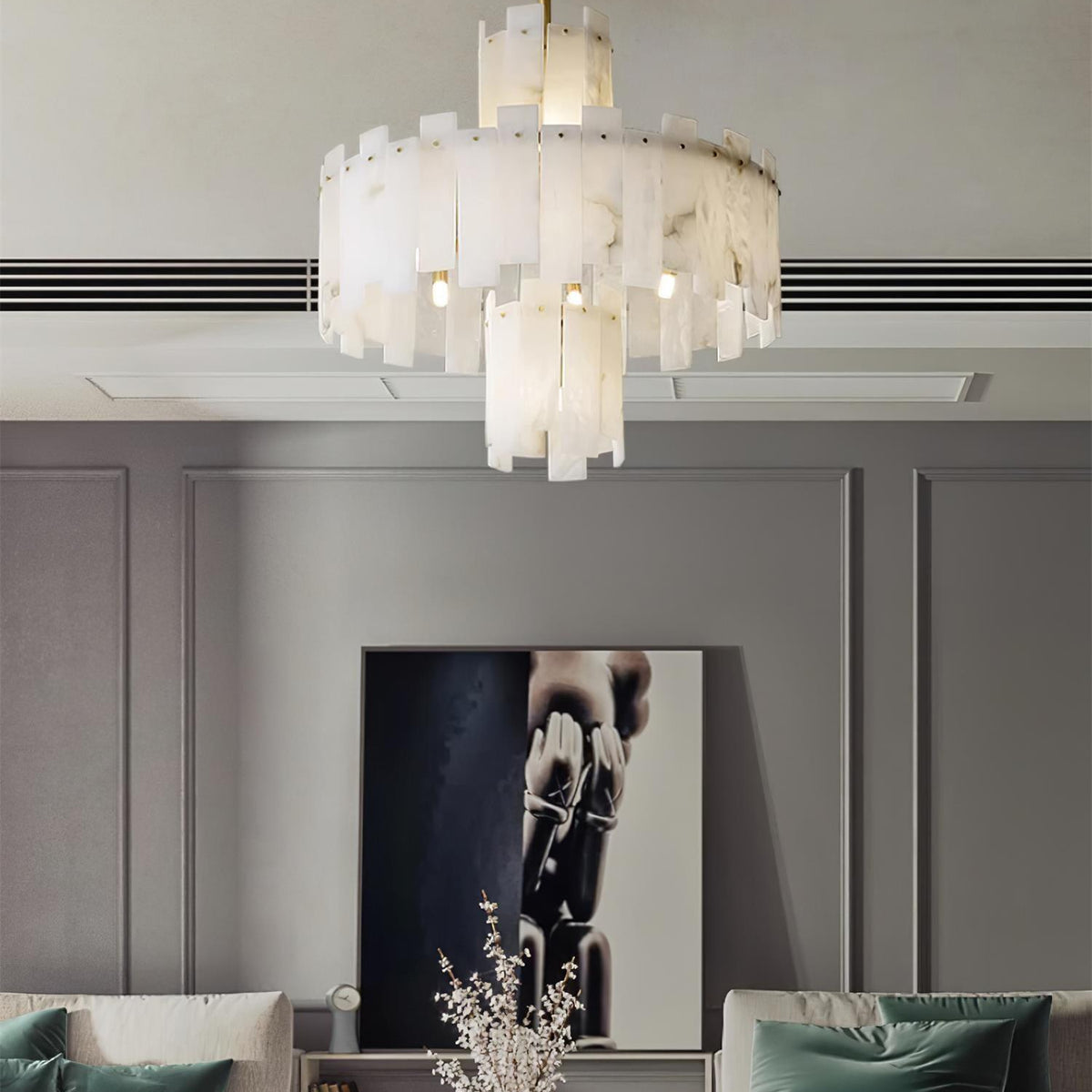 Alabaster Chandelier – Elegant Brass & White Alabaster Light Fixture - ∅ 23.6″ x H 26.7″Brass & White AlabasterBlushlighting