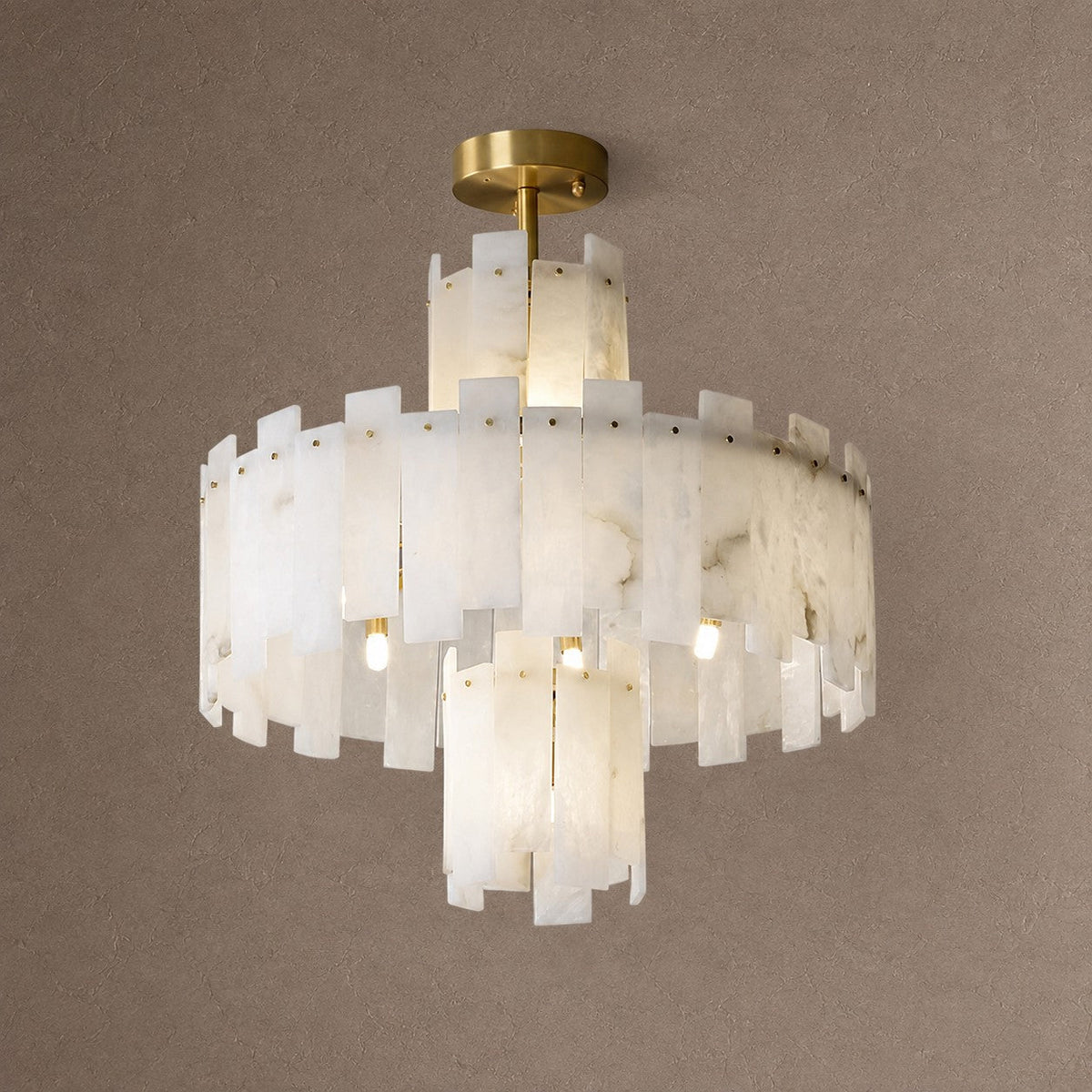 Alabaster Chandelier – Elegant Brass & White Alabaster Light Fixture - ∅ 23.6″ x H 26.7″Brass & White AlabasterBlushlighting