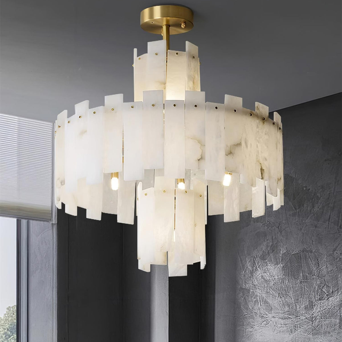 Alabaster Chandelier – Elegant Brass & White Alabaster Light Fixture - ∅ 23.6″ x H 26.7″Brass & White AlabasterBlushlighting