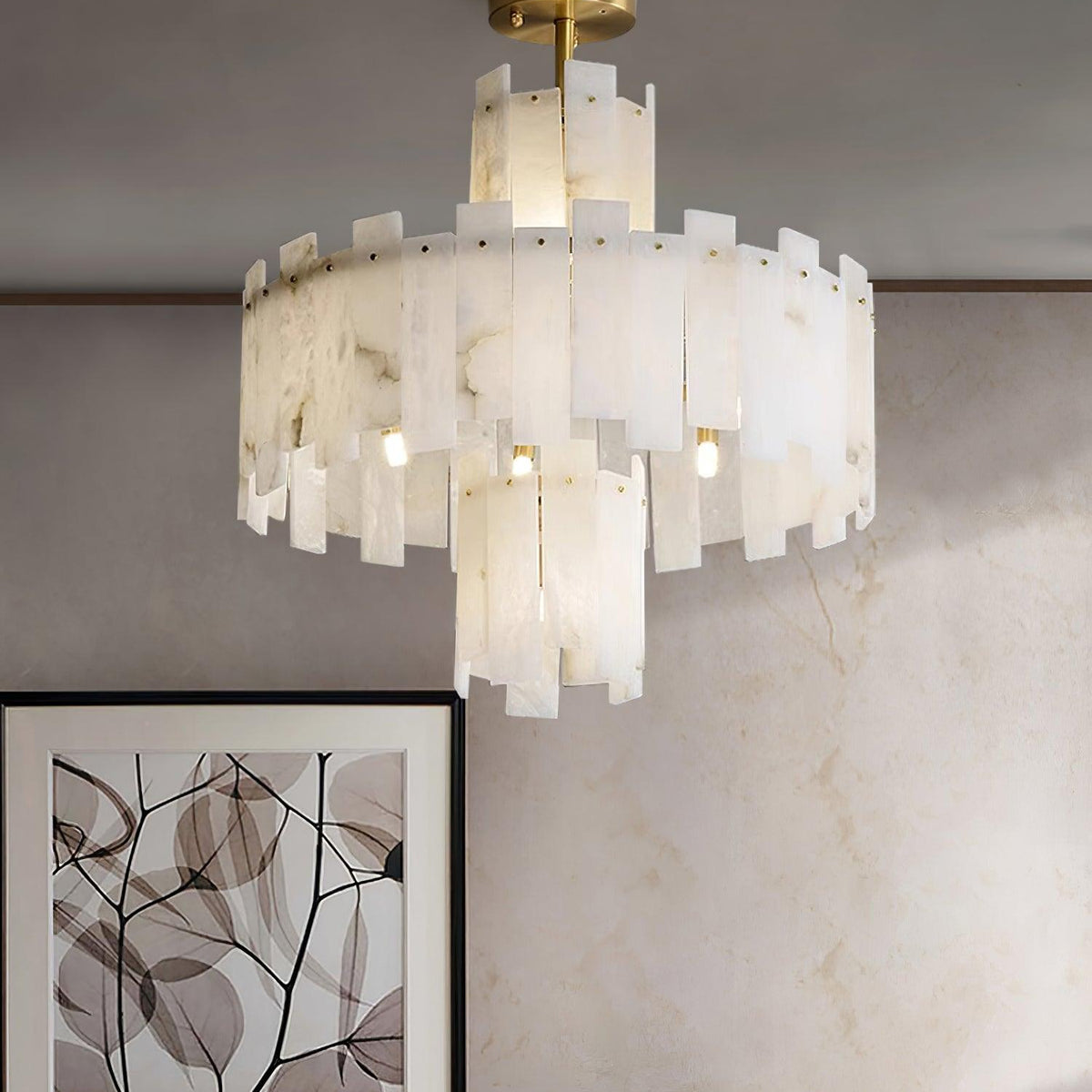 Alabaster Chandelier – Elegant Brass & White Alabaster Light Fixture - ∅ 23.6″ x H 26.7″Brass & White AlabasterBlushlighting