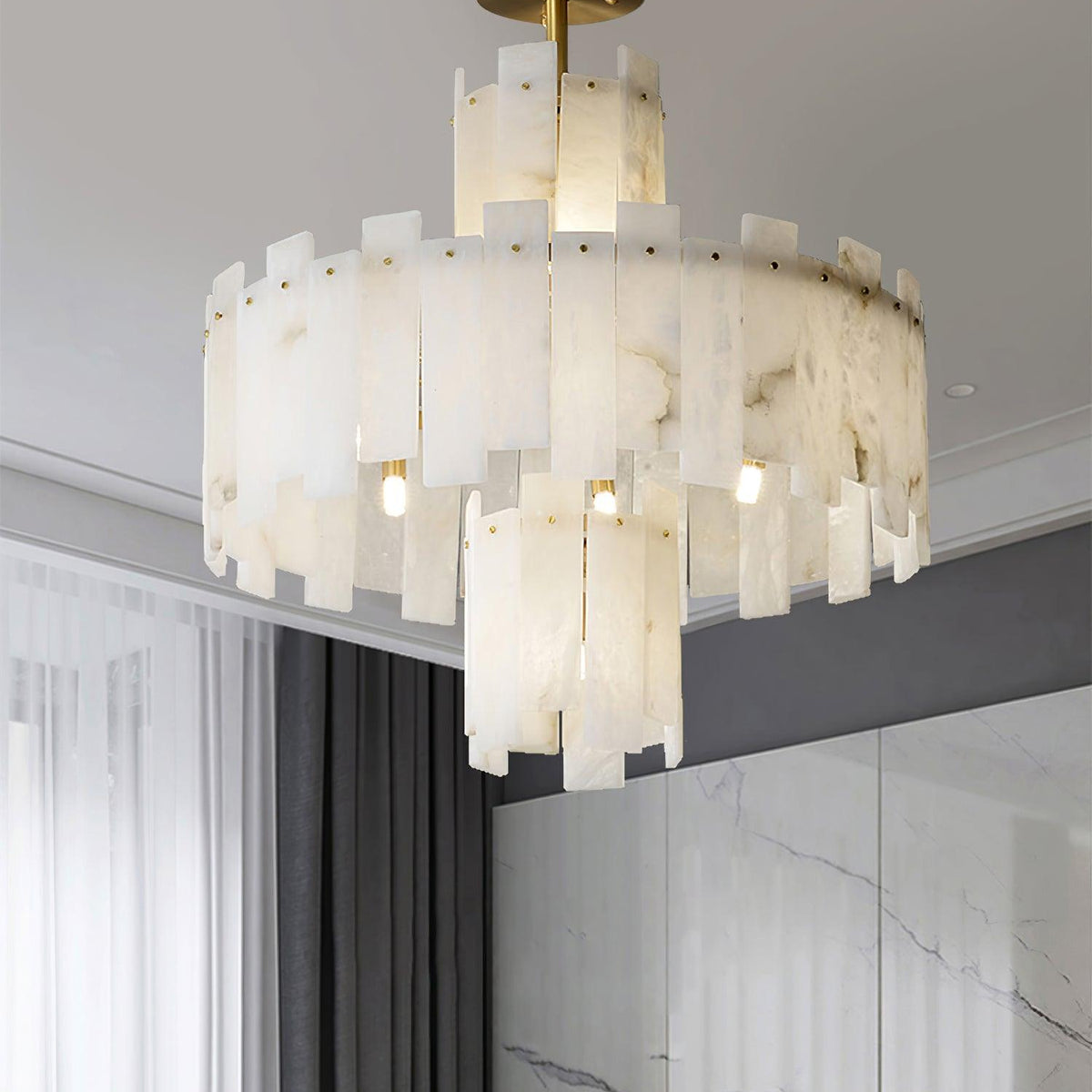 Alabaster Chandelier – Elegant Brass & White Alabaster Light Fixture - ∅ 23.6″ x H 26.7″Brass & White AlabasterBlushlighting