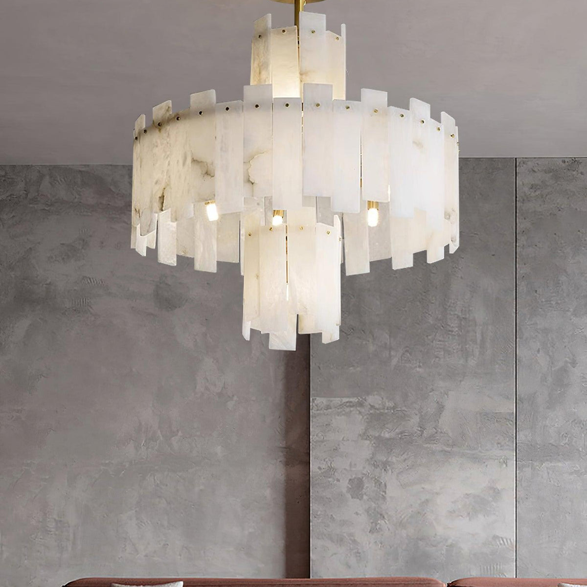 Alabaster Chandelier – Elegant Brass & White Alabaster Light Fixture - ∅ 23.6″ x H 26.7″Brass & White AlabasterBlushlighting