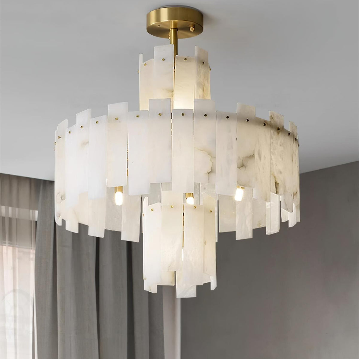 Alabaster Chandelier – Elegant Brass & White Alabaster Light Fixture - ∅ 23.6″ x H 26.7″Brass & White AlabasterBlushlighting