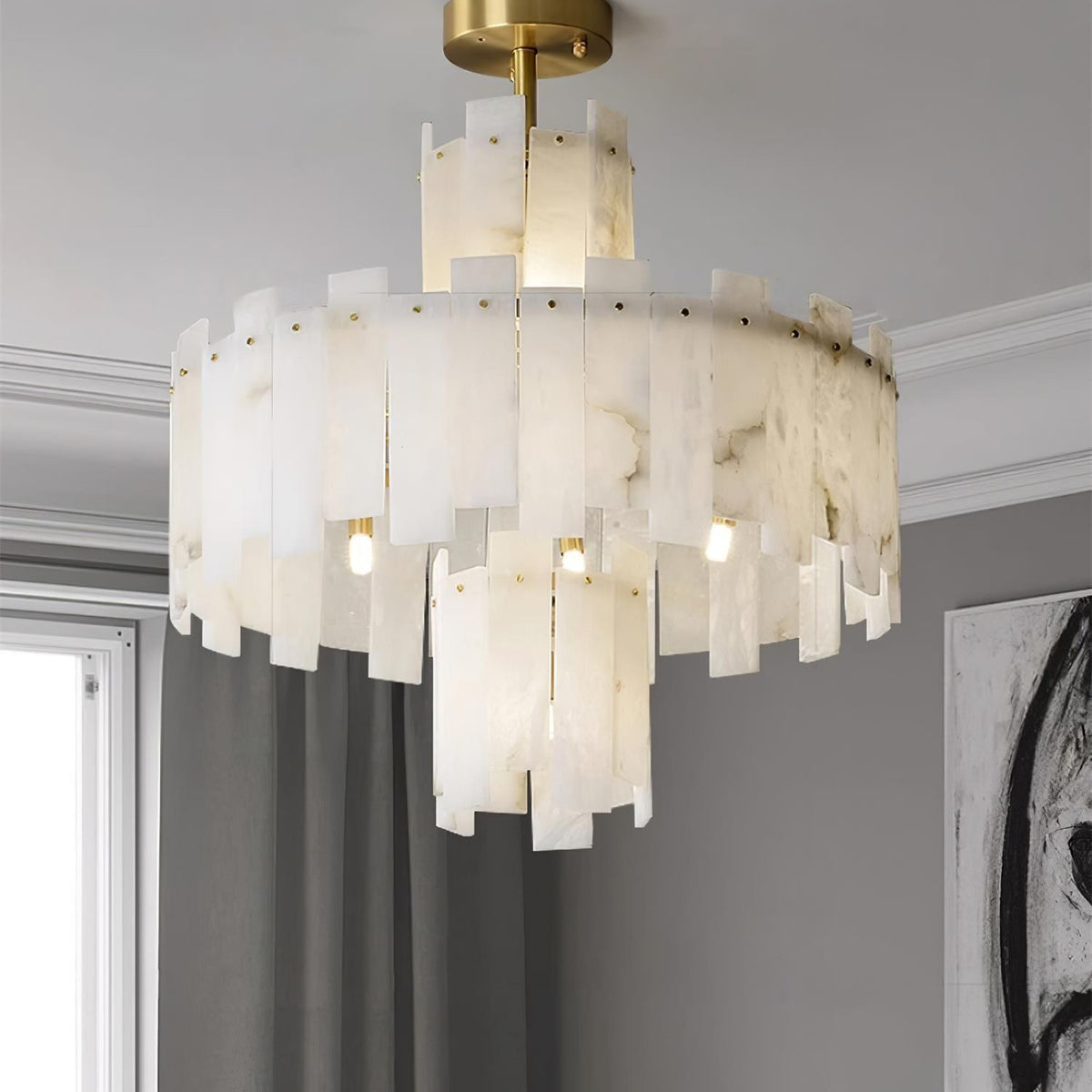 Alabaster Chandelier – Elegant Brass & White Alabaster Light Fixture - ∅ 23.6″ x H 26.7″Brass & White AlabasterBlushlighting