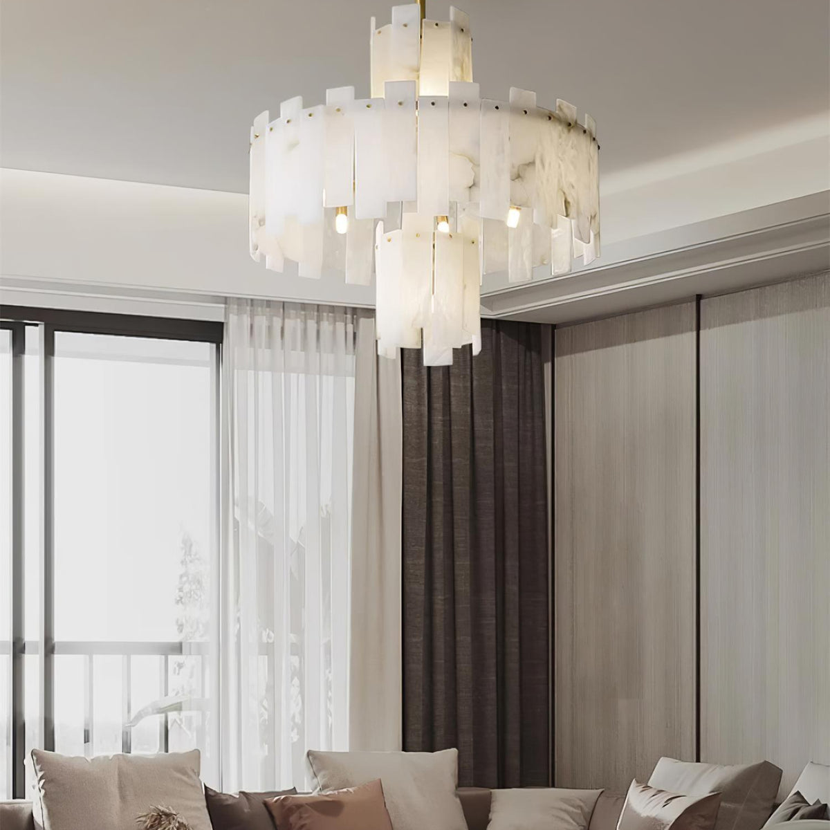 Alabaster Chandelier – Elegant Brass & White Alabaster Light Fixture - ∅ 23.6″ x H 26.7″Brass & White AlabasterBlushlighting