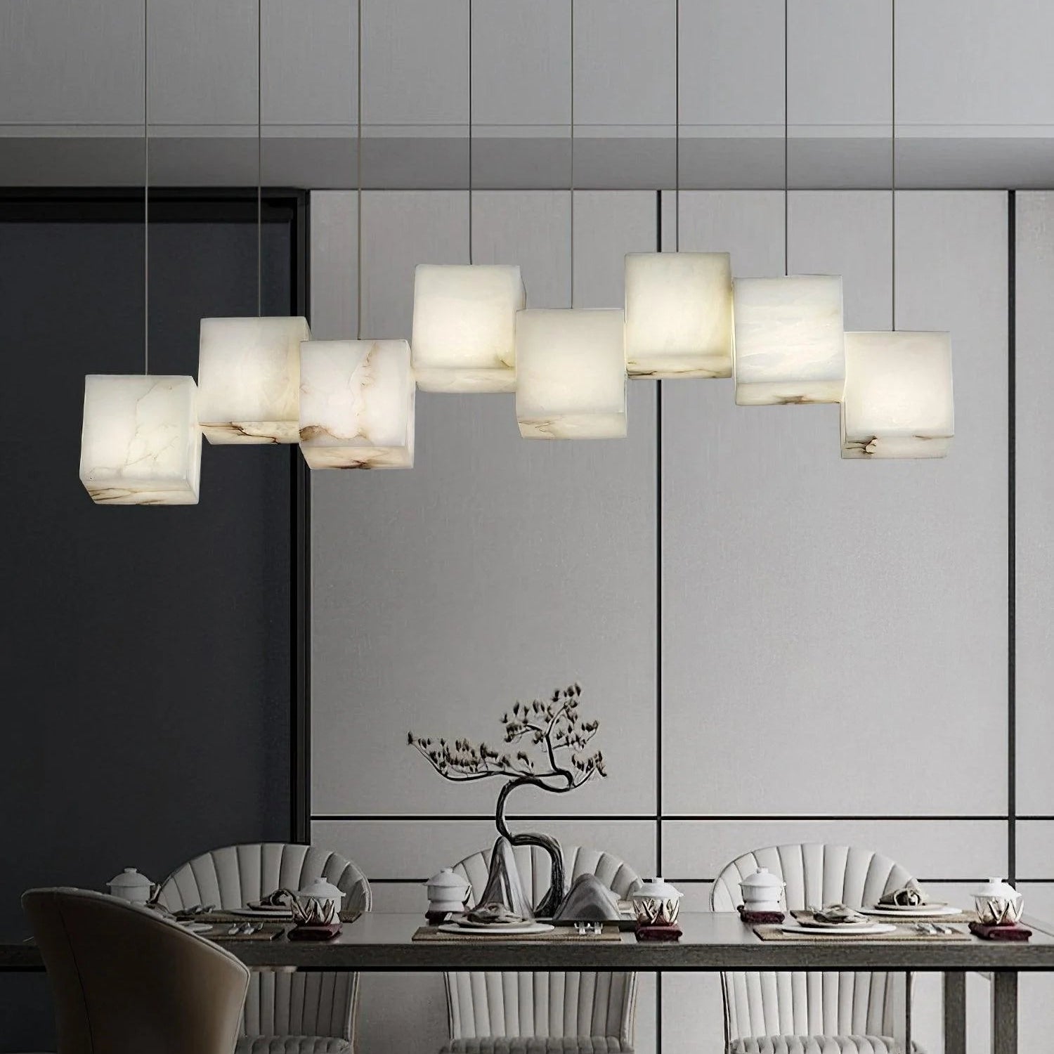 Alabaster Cubic Linear Chandelier - 8 Lights: 37.8" LBlushlighting