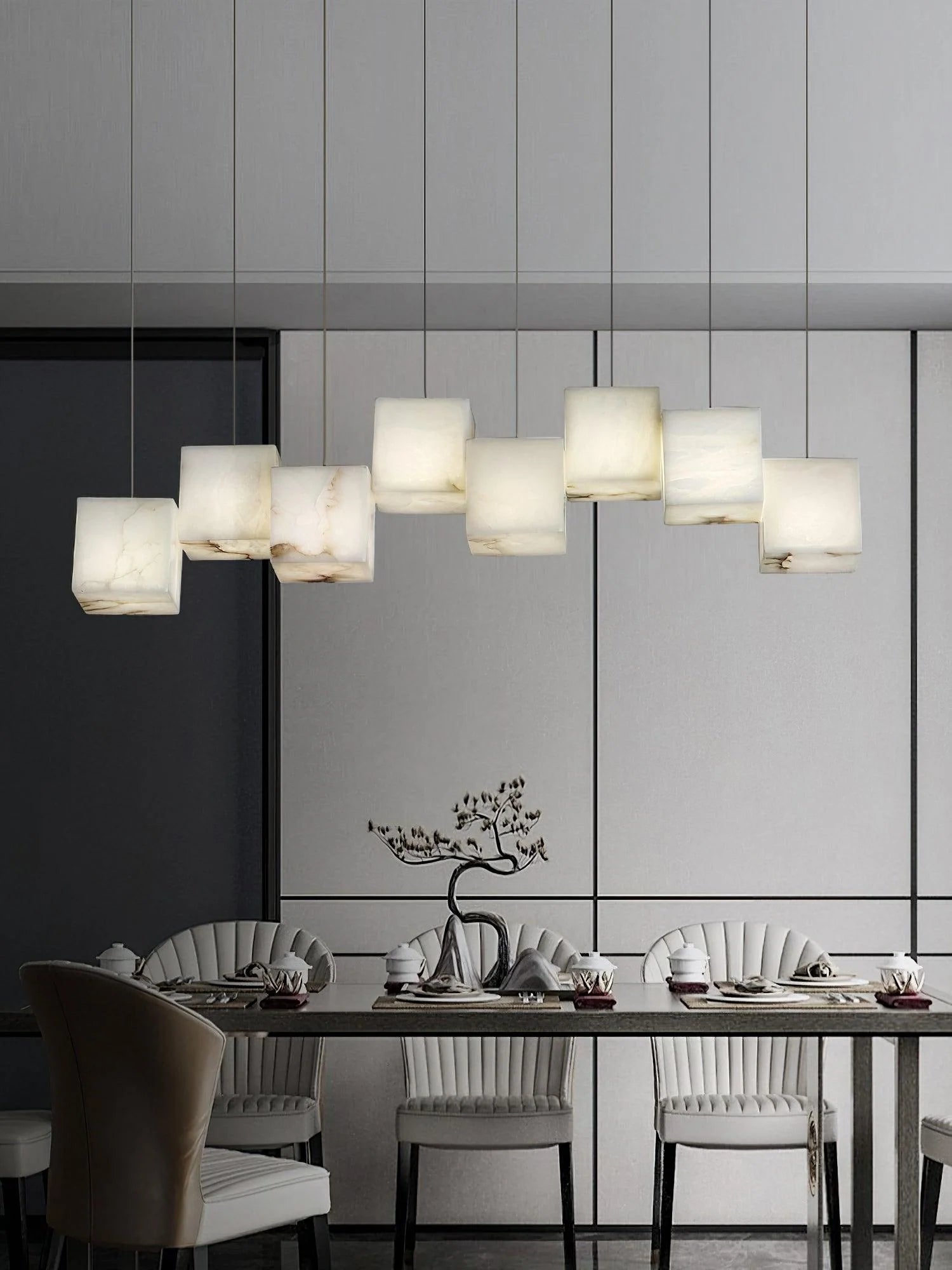 Alabaster Cubic Linear Chandelier - 8 Lights: 37.8" LBlushlighting