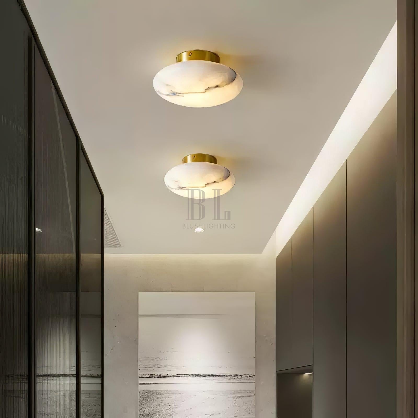 Alabaster Oval Ceiling Lamp - ∅ 7.9″ x H 3.9″Brass & WhiteWarm LightBlushlighting