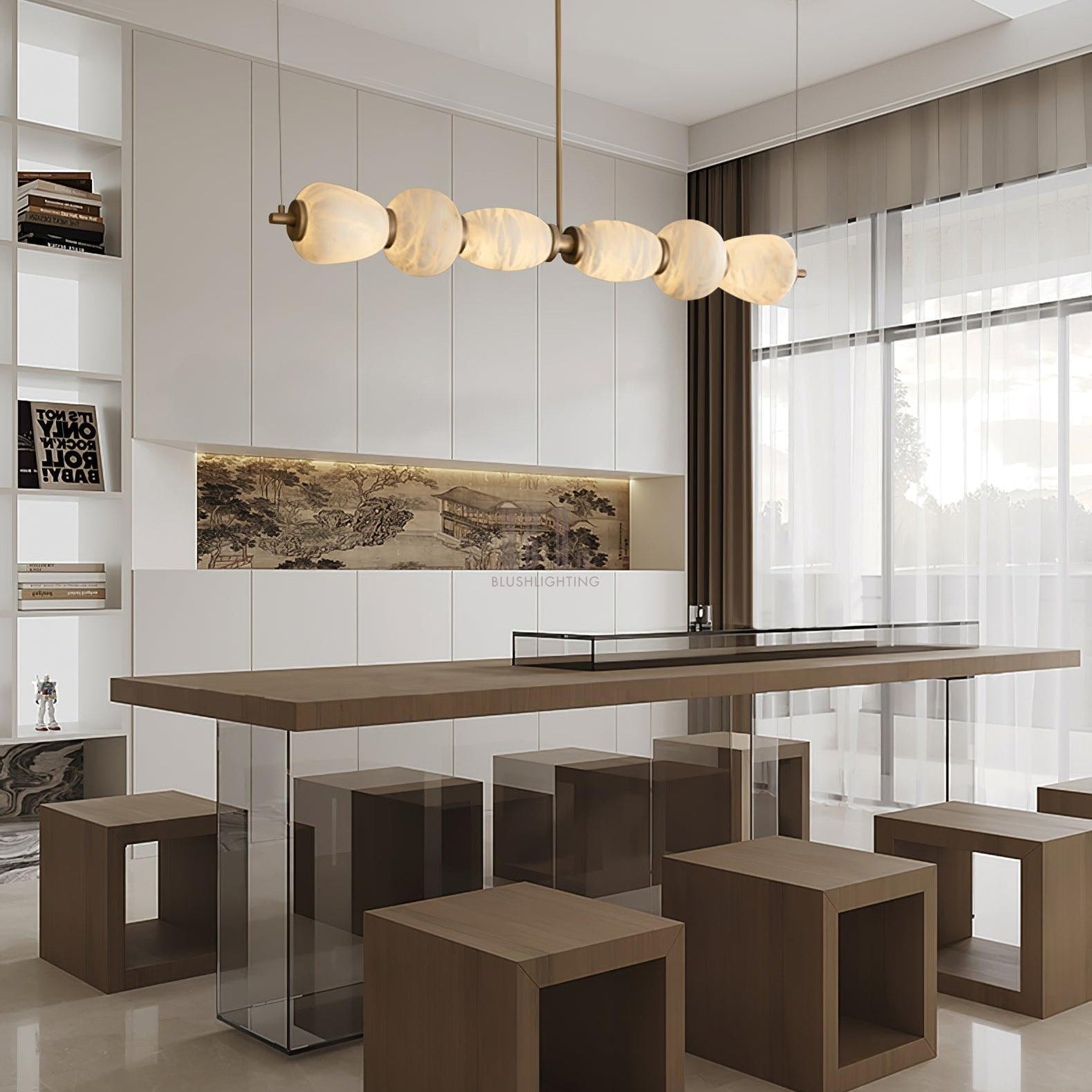 Alabaster Pebble Linear Chandelier - L 53.1″ x W 5.5″ x H 59.1″Gold & WhiteWarm LightBlushlighting