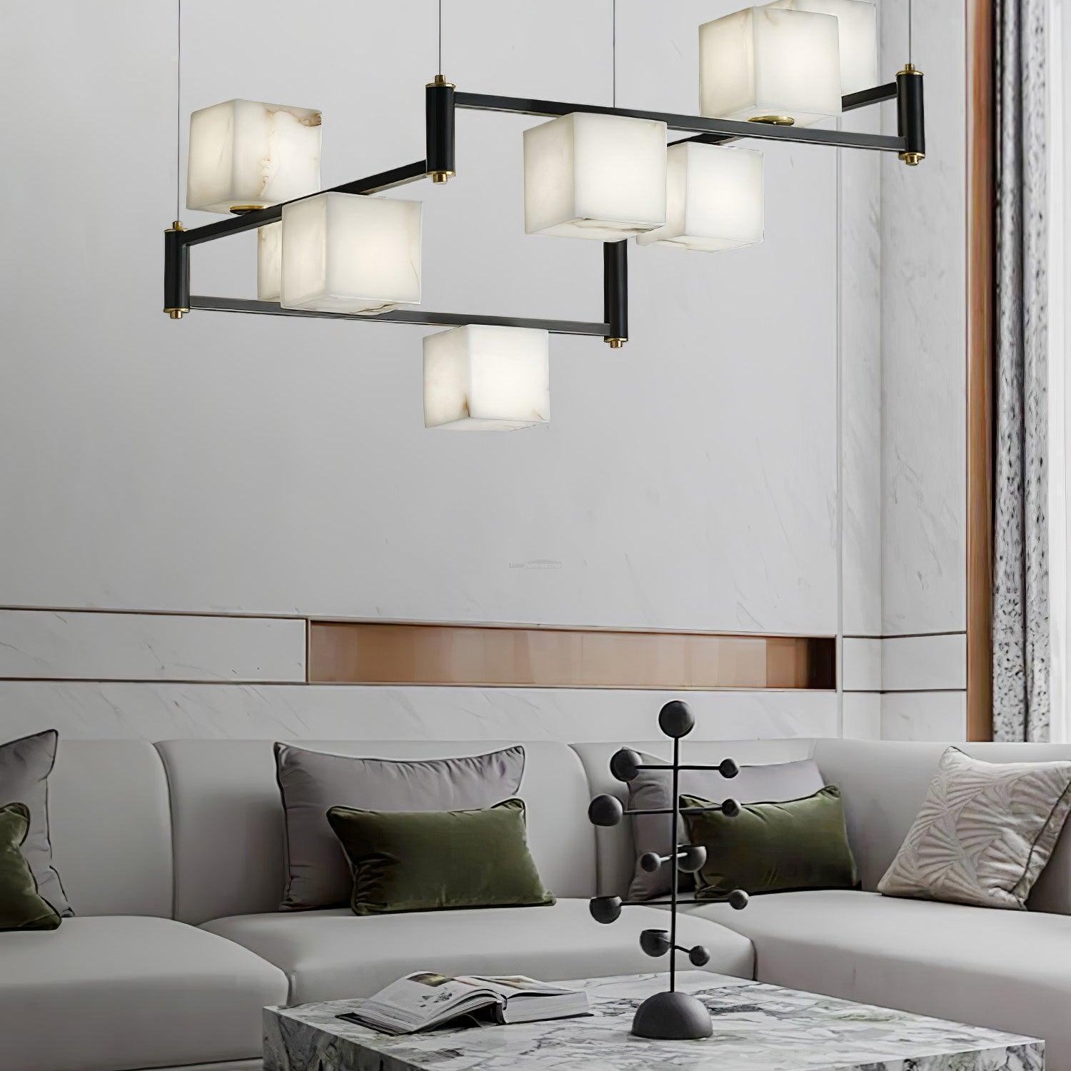 Alabaster Square Box Chandelier with 4/5/6/8/9 heads - 9 Heads L 41.3" x W 41.3" x H 17.7" / L 105cm x W 105cm x H 45cmBrass & Black & WhiteBlushlighting