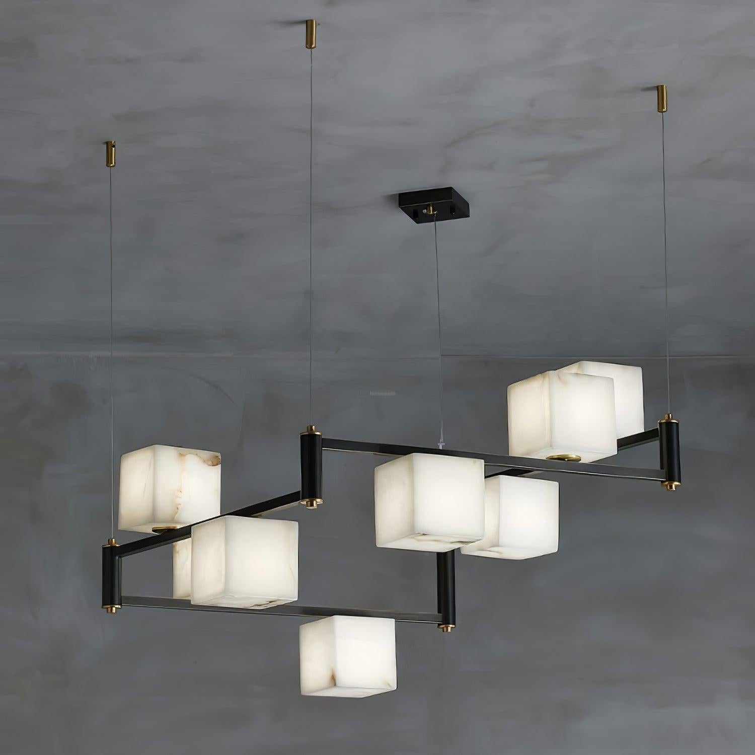 Alabaster Square Box Chandelier with 4/5/6/8/9 heads-8 Heads L 36.6" x W 36.6" x H 17.7" / L 93cm x W 93cm x H 45cm-Brass & Black & White-Blushlighting