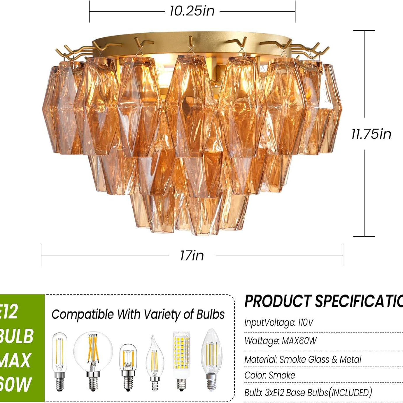 Amber 17" Modern Crystal Glass Chandelier for Elegant Ceiling Lighting