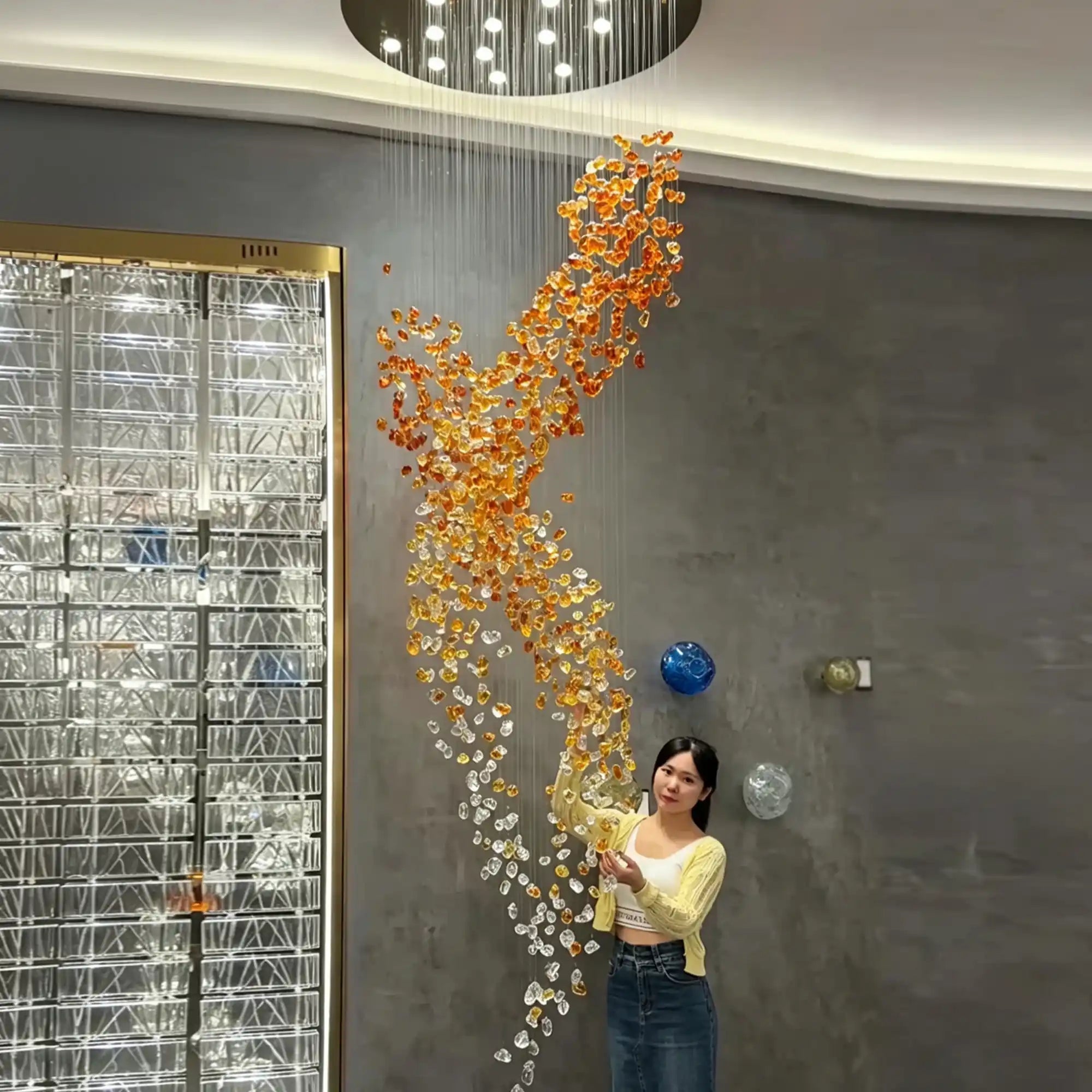 Amber Art Glass Spiral Chandelier for Staircase & High Ceiling Foyer - D39.4"*H118.5"(D100cm*H301cm)Warm LightBlushlighting