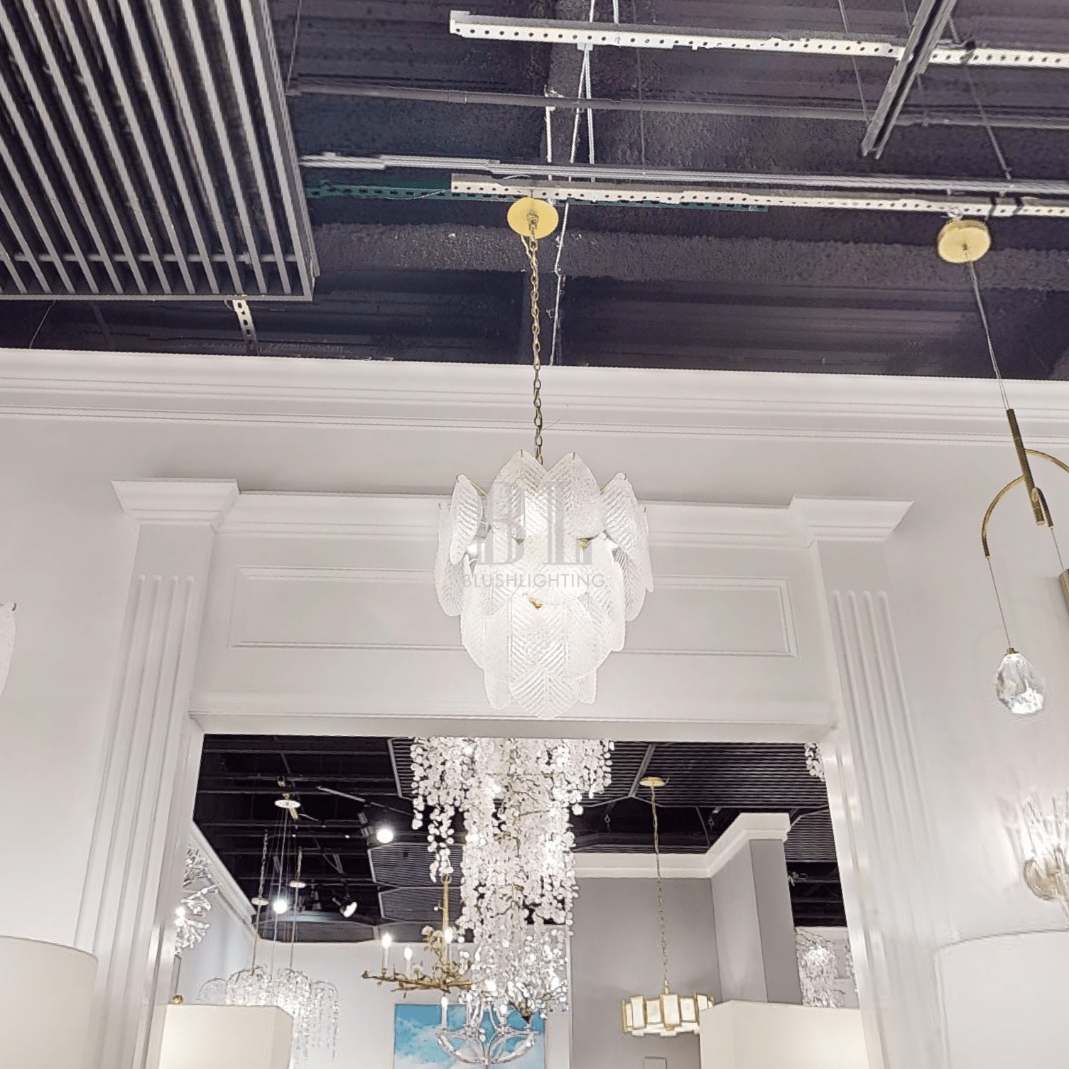 Antique Gold Frosted Glass Nine - Light Chandelier with Cascading Petal Design - Blushlighting