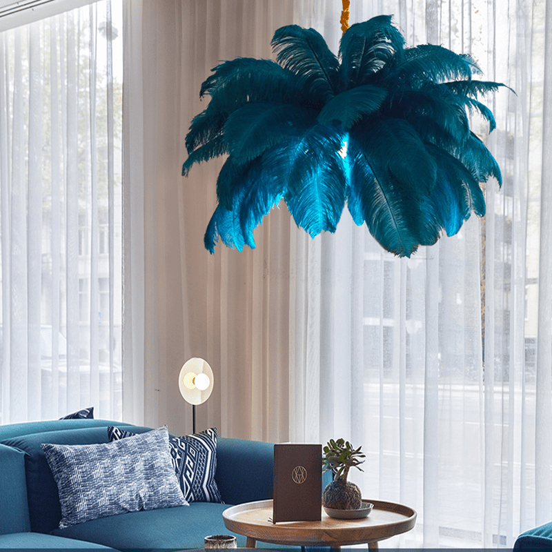 Art Deco Colorized Feather Brass Branch Chandelier - BlueBlushlighting