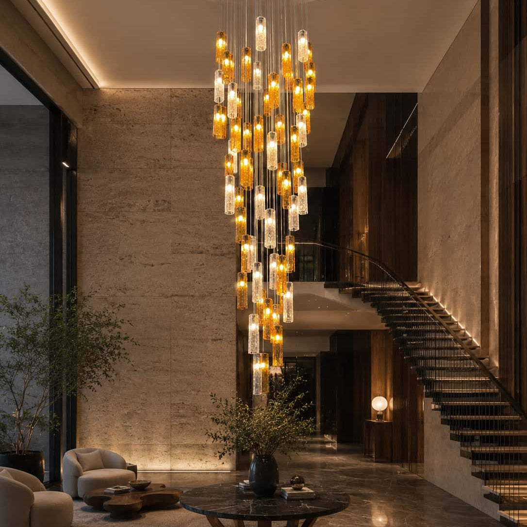 Art Design Colorful Rectangle Cluster Glass Tile Pendant Chandelier - 15 Lights / Round Base / W39"*H144"AmberWarm LightBlushlighting
