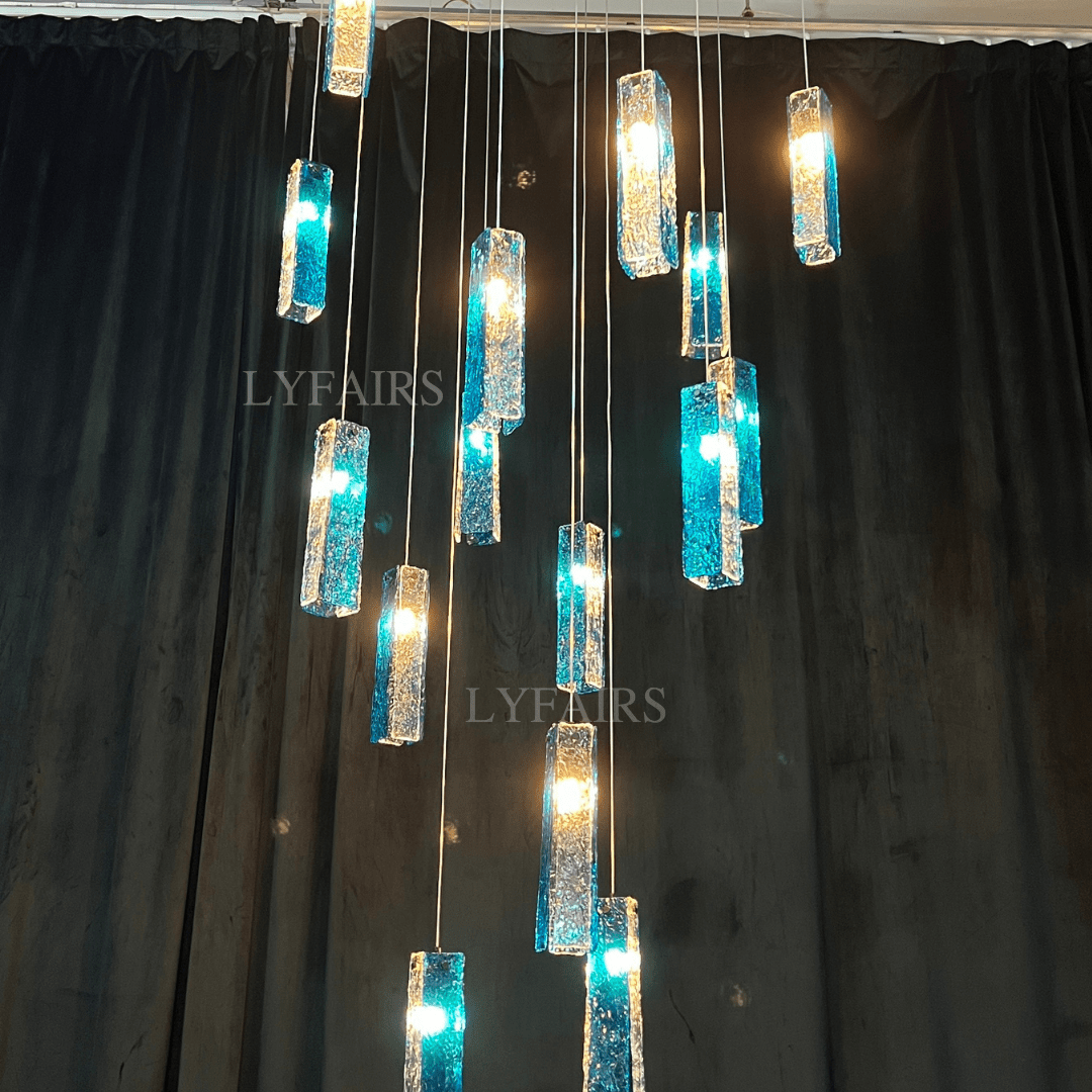Art Design Colorful Rectangle Cluster Glass Tile Pendant Chandelier - 15 Lights / Round Base / W39"*H144"AmberWarm LightBlushlighting