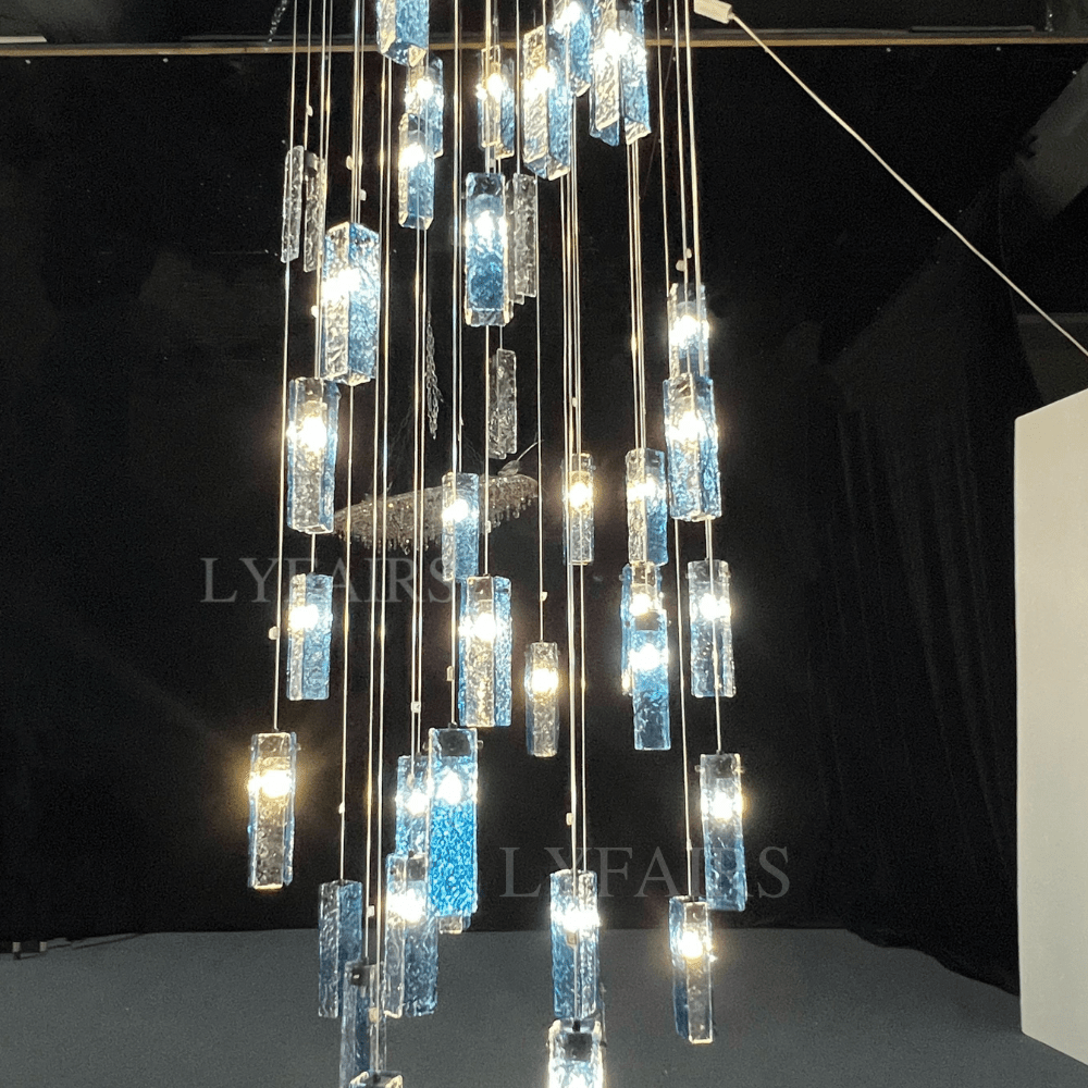 Art Design Colorful Rectangle Cluster Glass Tile Pendant Chandelier - 15 Lights / Round Base / W39"*H144"AmberWarm LightBlushlighting