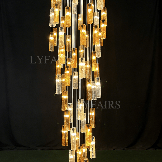 Art Design Colorful Rectangle Cluster Glass Tile Pendant Chandelier - 15 Lights / Round Base / W39"*H144"AmberWarm LightBlushlighting
