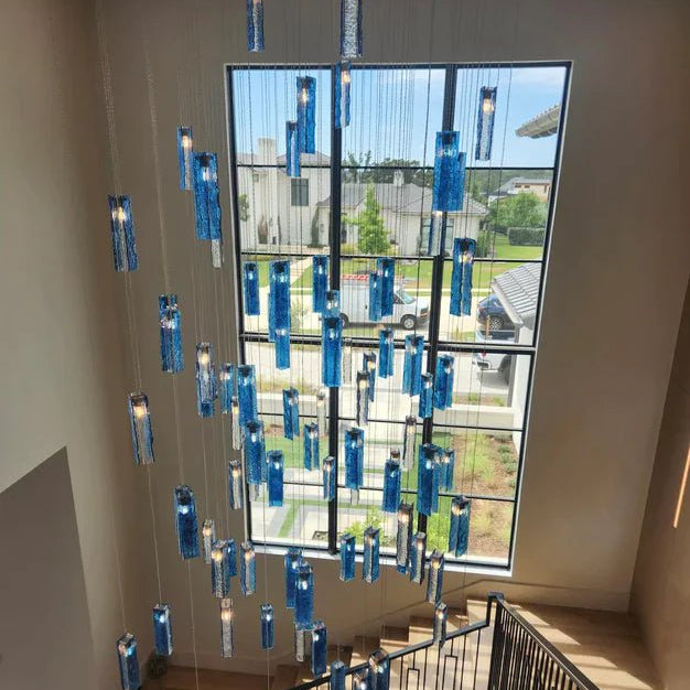 Art Design Colorful Rectangle Cluster Glass Tile Pendant Chandelier - 15 Lights / Round Base / W39"*H144"AmberWarm LightBlushlighting