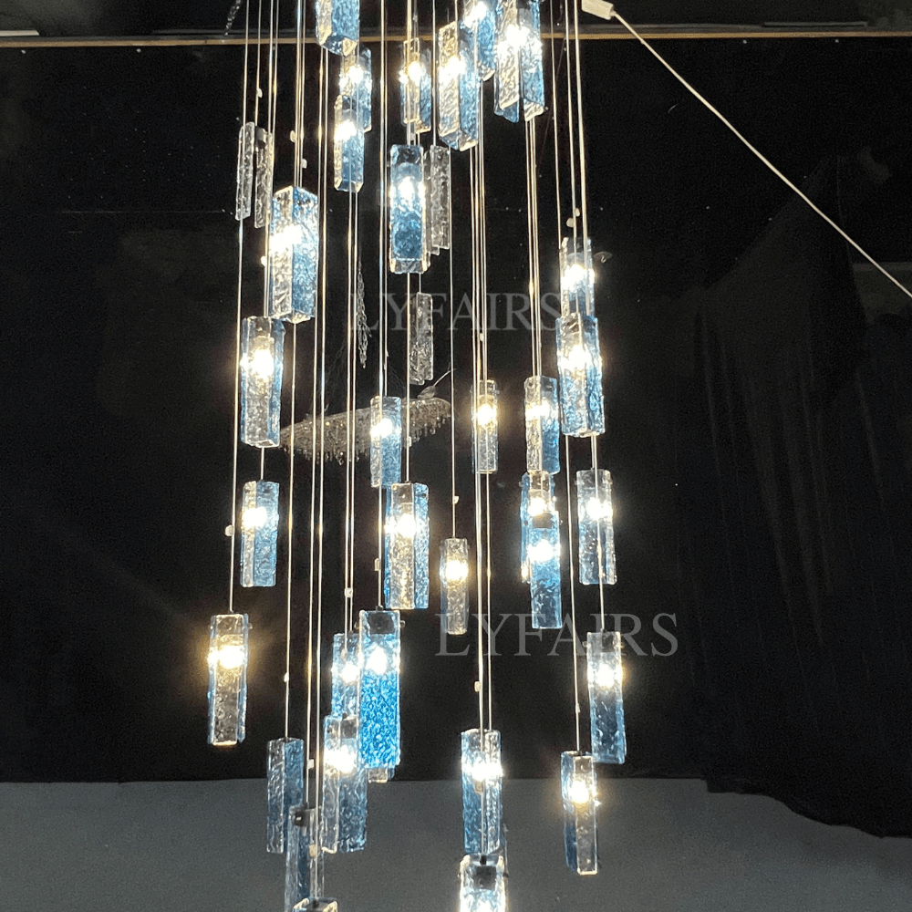 Art Design Colorful Rectangle Cluster Glass Tile Pendant Chandelier - 15 Lights / Round Base / W39"*H144"AmberWarm LightBlushlighting