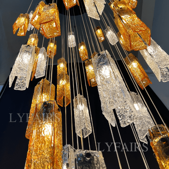 Art Design Colorful Rectangle Cluster Glass Tile Pendant Chandelier - 15 Lights / Round Base / W39"*H144"AmberWarm LightBlushlighting