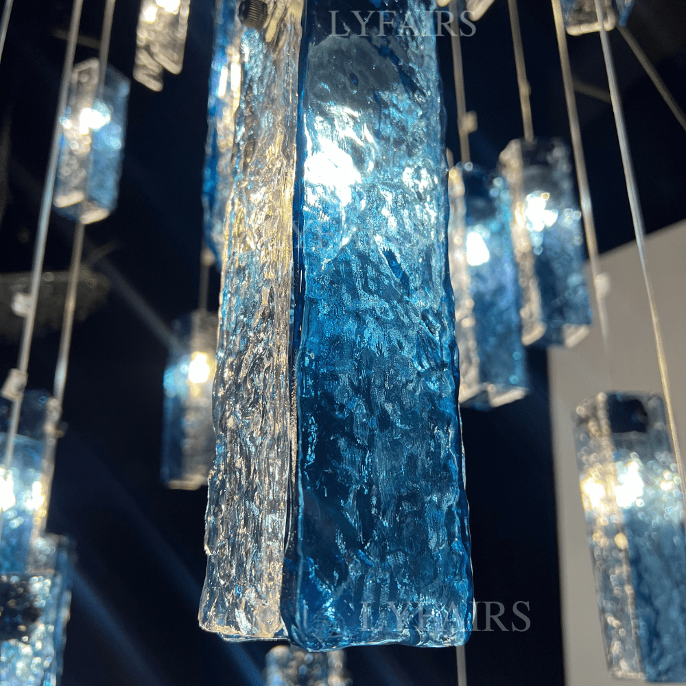 Art Design Colorful Rectangle Cluster Glass Tile Pendant Chandelier - 15 Lights / Round Base / W39"*H144"AmberWarm LightBlushlighting