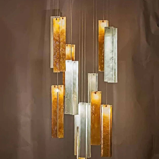 Art Design Colorful Rectangle Cluster Glass Tile Pendant Chandelier - 15 Lights / Round Base / W39"*H144"AmberWarm LightBlushlighting