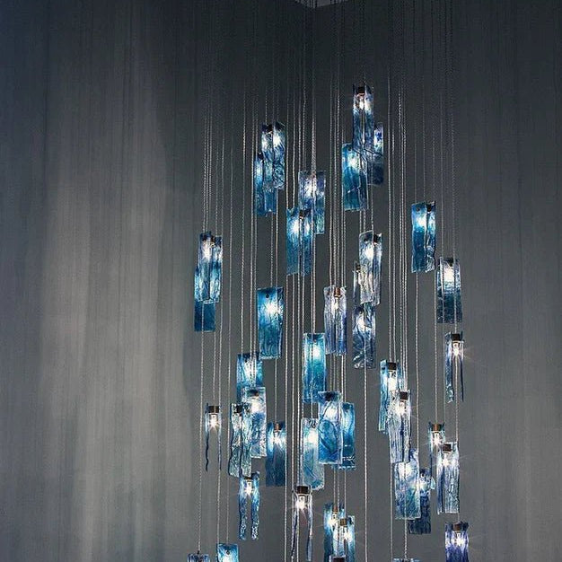 Art Design Colorful Rectangle Cluster Glass Tile Pendant Chandelier - 15 Lights / Round Base / W39"*H144"AmberWarm LightBlushlighting