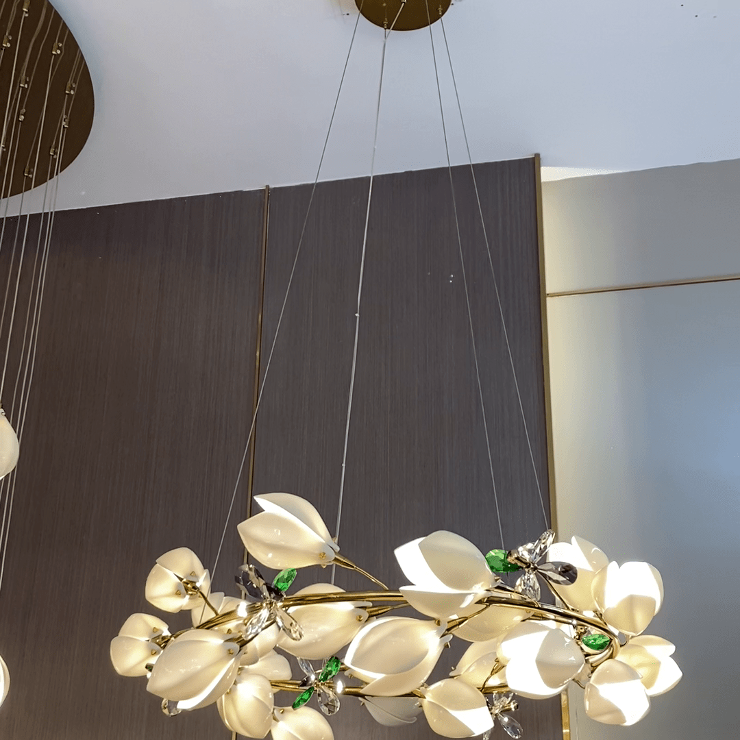 Art Design Creative Ceramic Magnolia Ring/Linear Chandelier for Bedroom/Living Room/Dining Room/Kitchen Island-Chandeliers-Blushlighting-Blushlighting