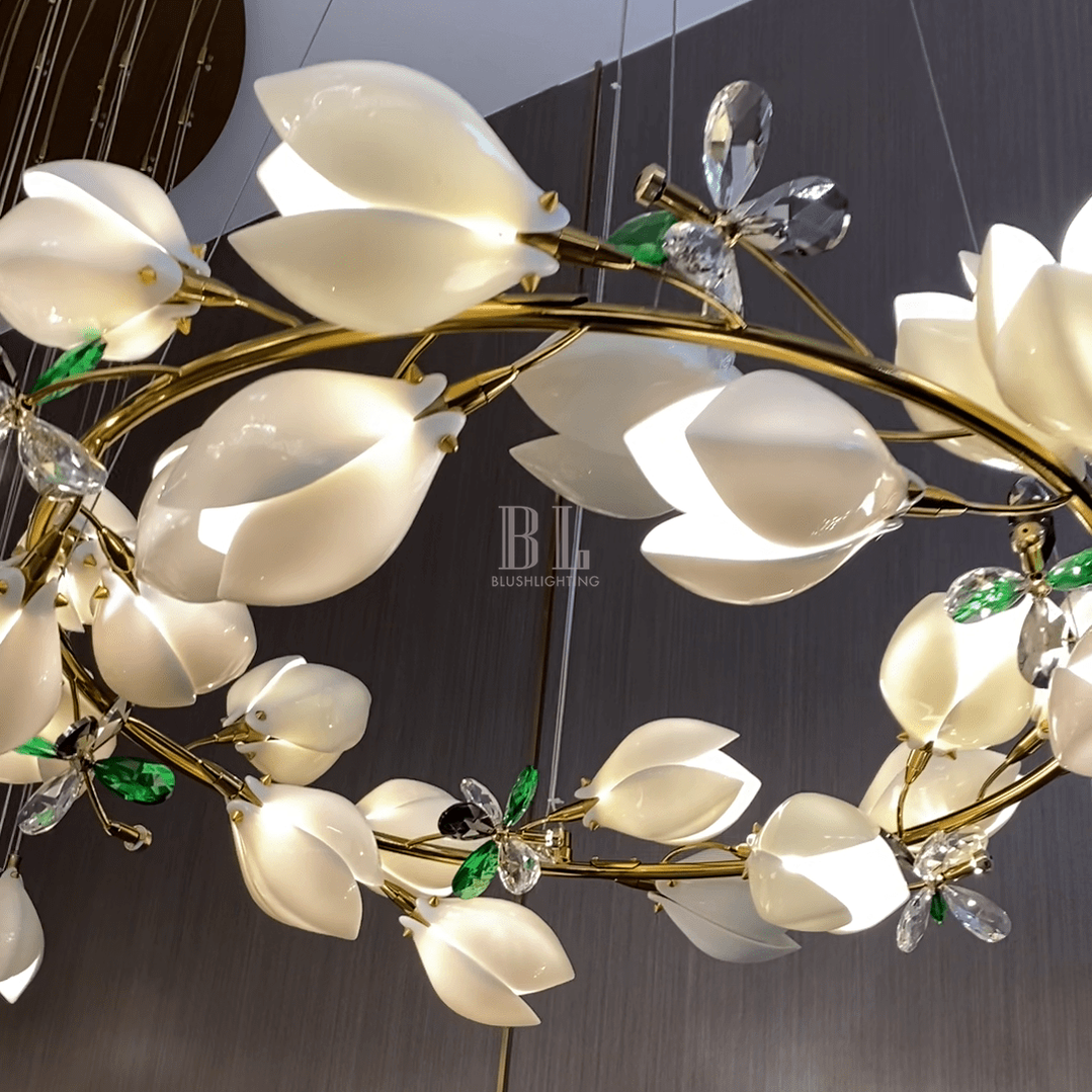 Art Design Creative Ceramic Magnolia Ring/Linear Chandelier for Bedroom/Living Room/Dining Room/Kitchen Island-Chandeliers-Blushlighting-Blushlighting
