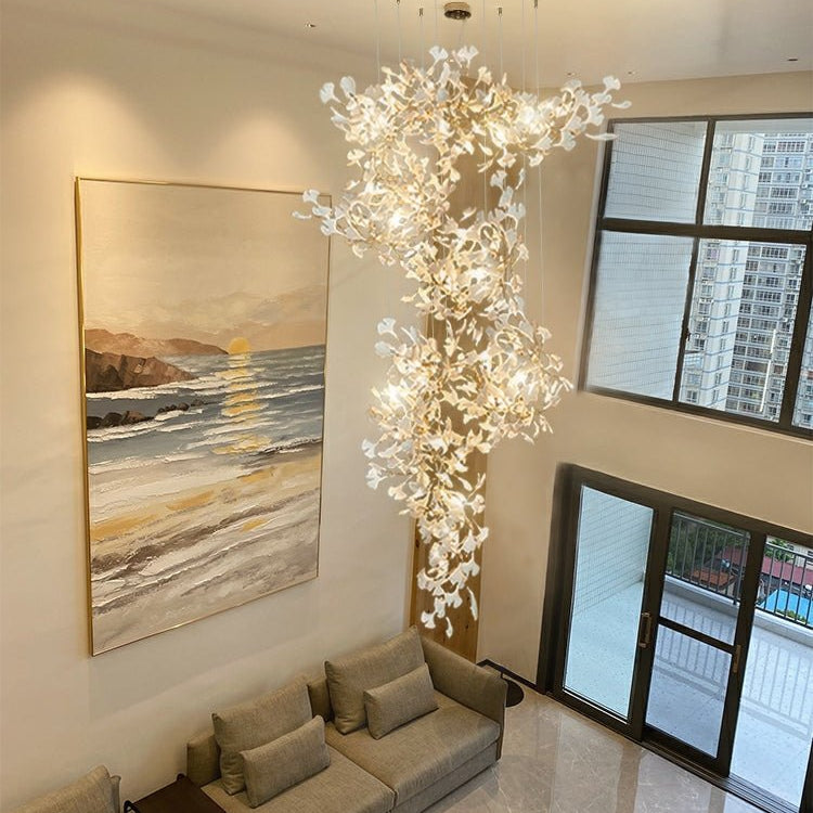Artistic Tree Branch Pendant Light with Ceramic Ginkgo Leaves for High Ceilings in Hotel or Home - D59.1"*H157.5"/ 128 Lights (576 Pieces)/107kgWarm LightBlushlighting
