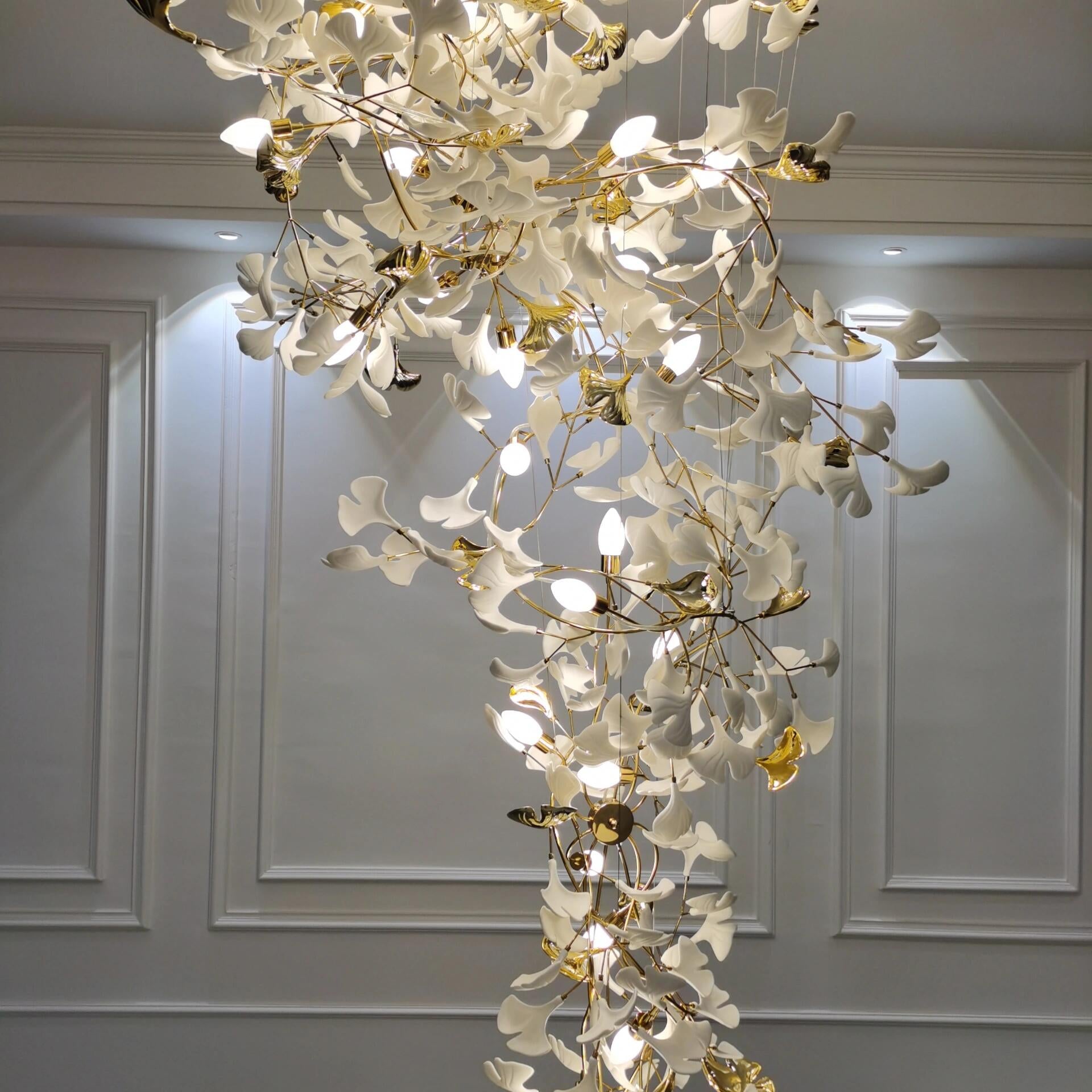 Artistic Tree Branch Pendant Light with Ceramic Ginkgo Leaves for High Ceilings in Hotel or Home - D59.1"*H157.5"/ 128 Lights (576 Pieces)/107kgWarm LightBlushlighting