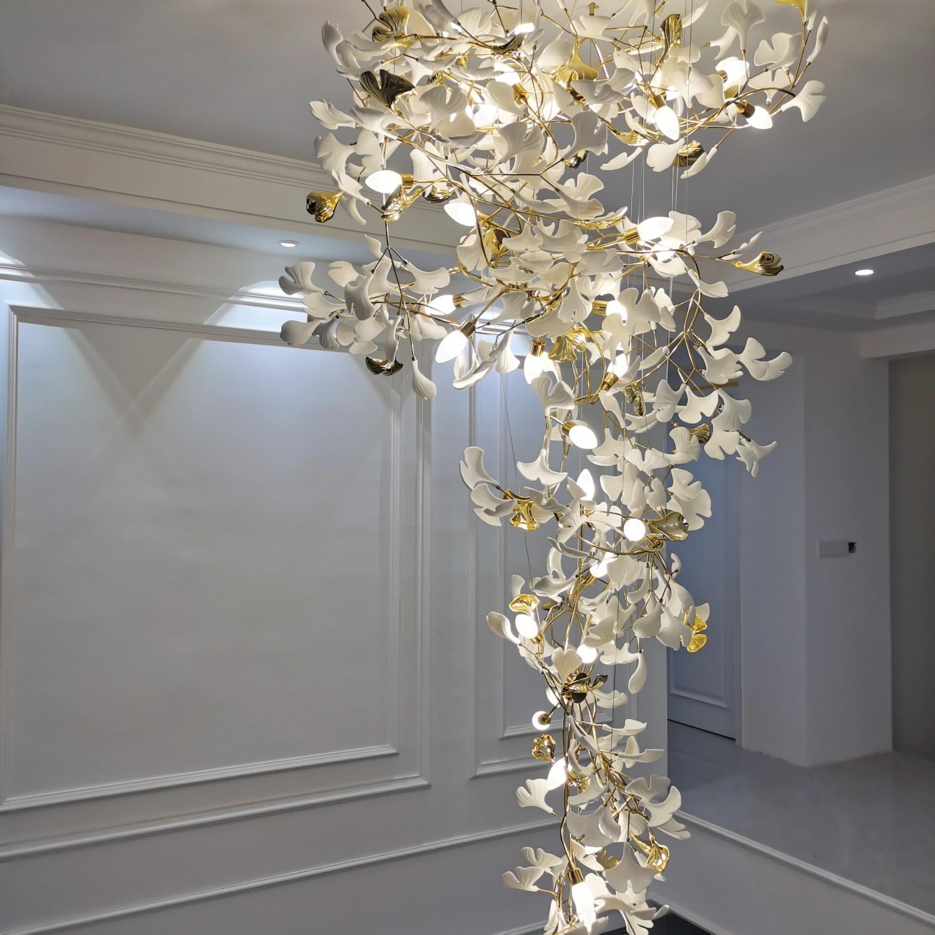 Artistic Tree Branch Pendant Light with Ceramic Ginkgo Leaves for High Ceilings in Hotel or Home - D59.1"*H157.5"/ 128 Lights (576 Pieces)/107kgWarm LightBlushlighting