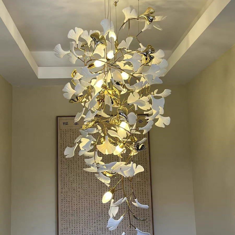 Artistic Tree Branch Pendant Light with Ceramic Ginkgo Leaves for High Ceilings in Hotel or Home - D59.1"*H157.5"/ 128 Lights (576 Pieces)/107kgWarm LightBlushlighting
