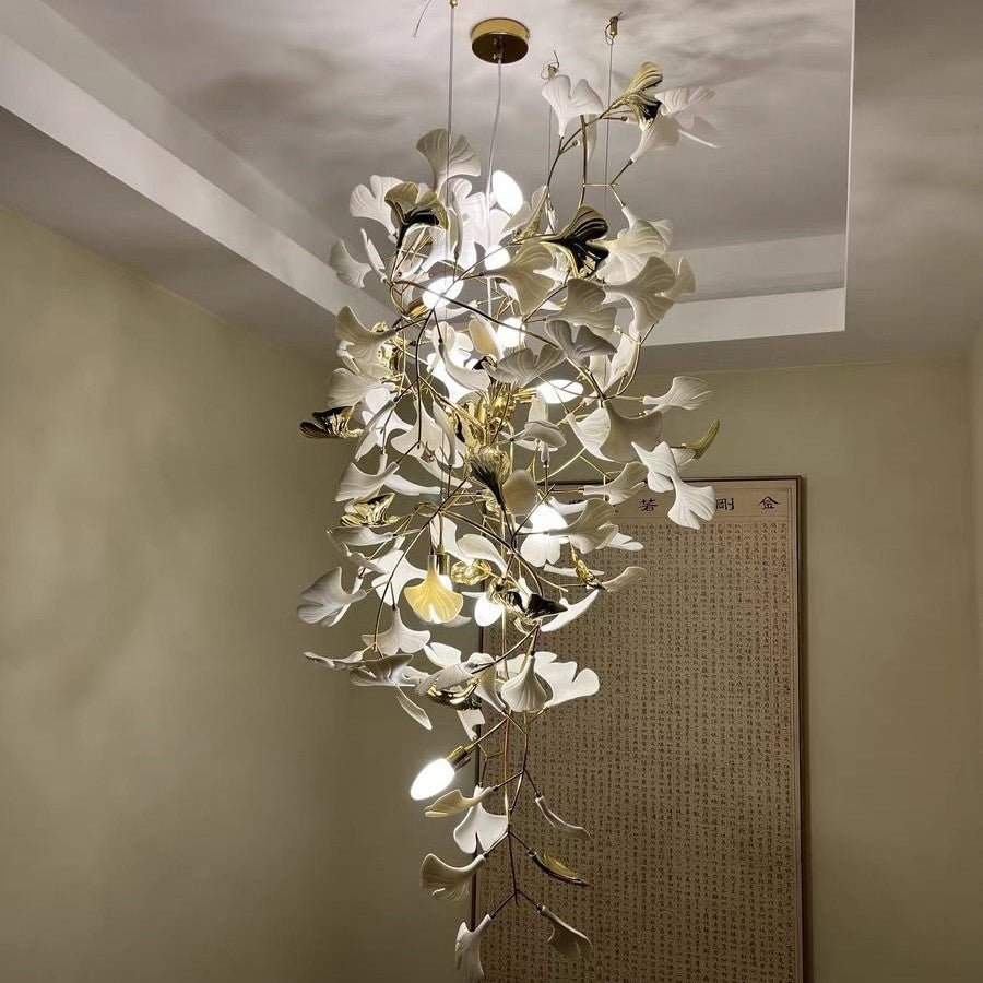 Artistic Tree Branch Pendant Light with Ceramic Ginkgo Leaves for High Ceilings in Hotel or Home - D39.4"*H70.9"/ 16 Lights (288 Pieces)Warm LightBlushlighting