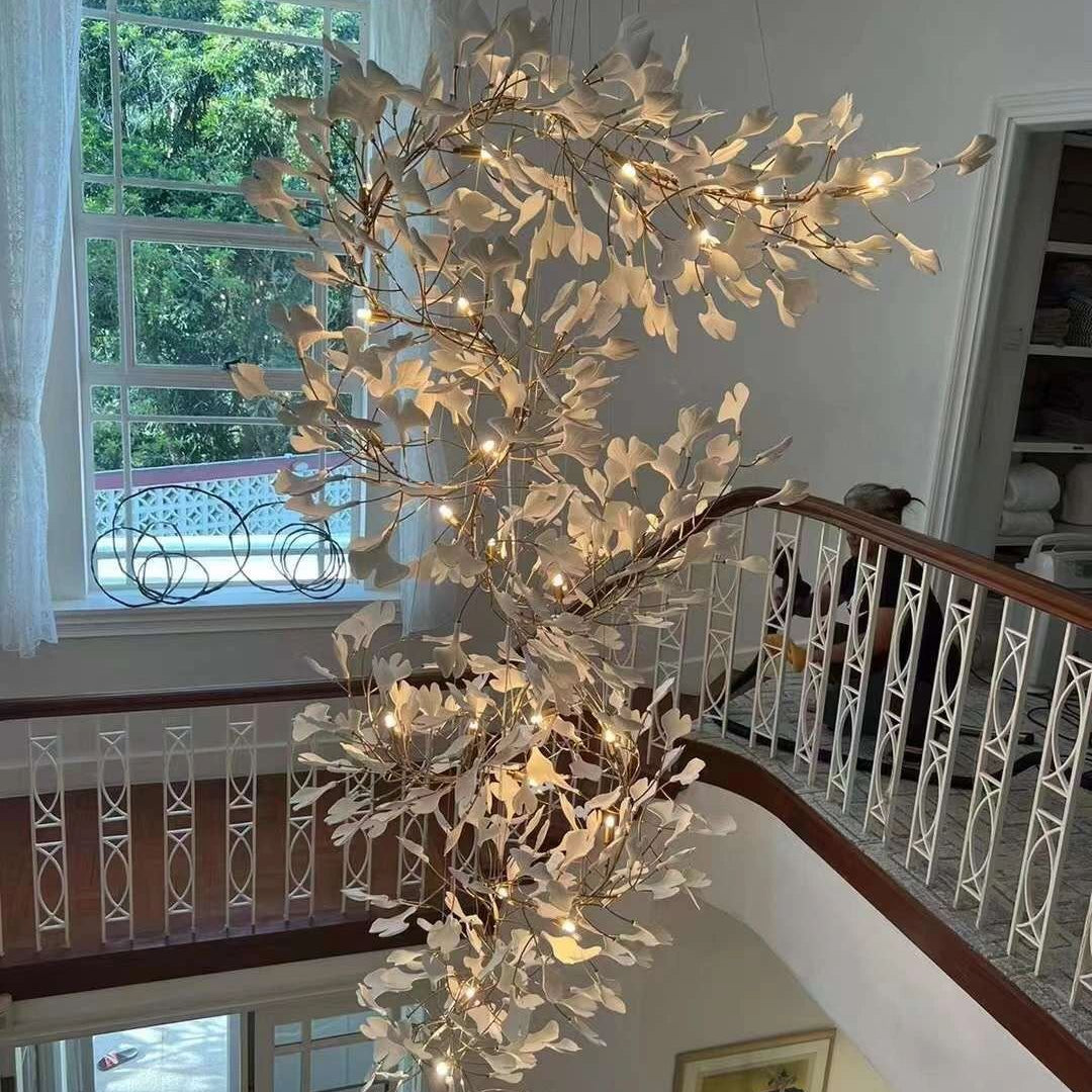Artistic Tree Branch Pendant Light with Ceramic Ginkgo Leaves for High Ceilings in Hotel or Home - D39.4"*H70.9"/ 16 Lights (288 Pieces)Warm LightBlushlighting