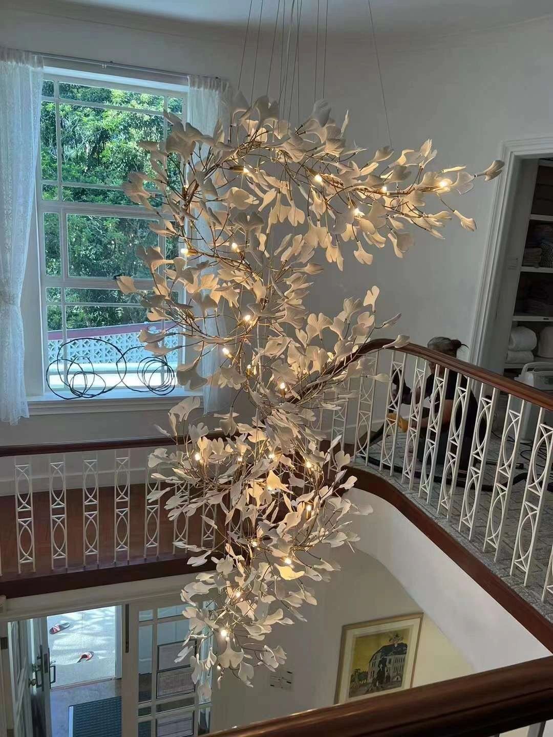 Artistic Tree Branch Pendant Light with Ceramic Ginkgo Leaves for High Ceilings in Hotel or Home - D39.4"*H70.9"/ 16 Lights (288 Pieces)Warm LightBlushlighting